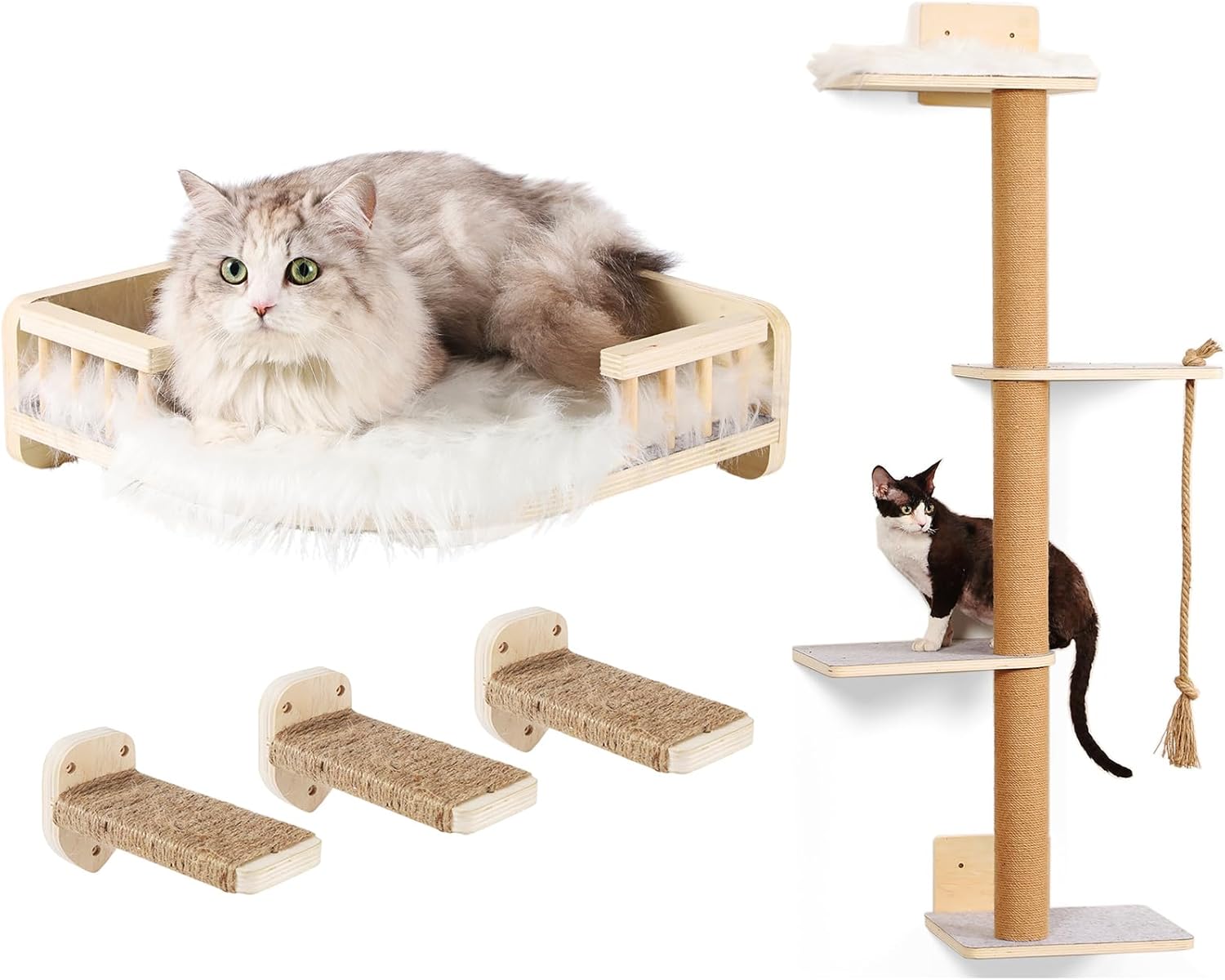 Cat Wall Shelves+ Wall Mounted Cat Tree,Tall Wall Cat Tree 4 Tier Cat Climbing Wall Shelves,Corner Cat Shelf with 3 Steps Scratch Post