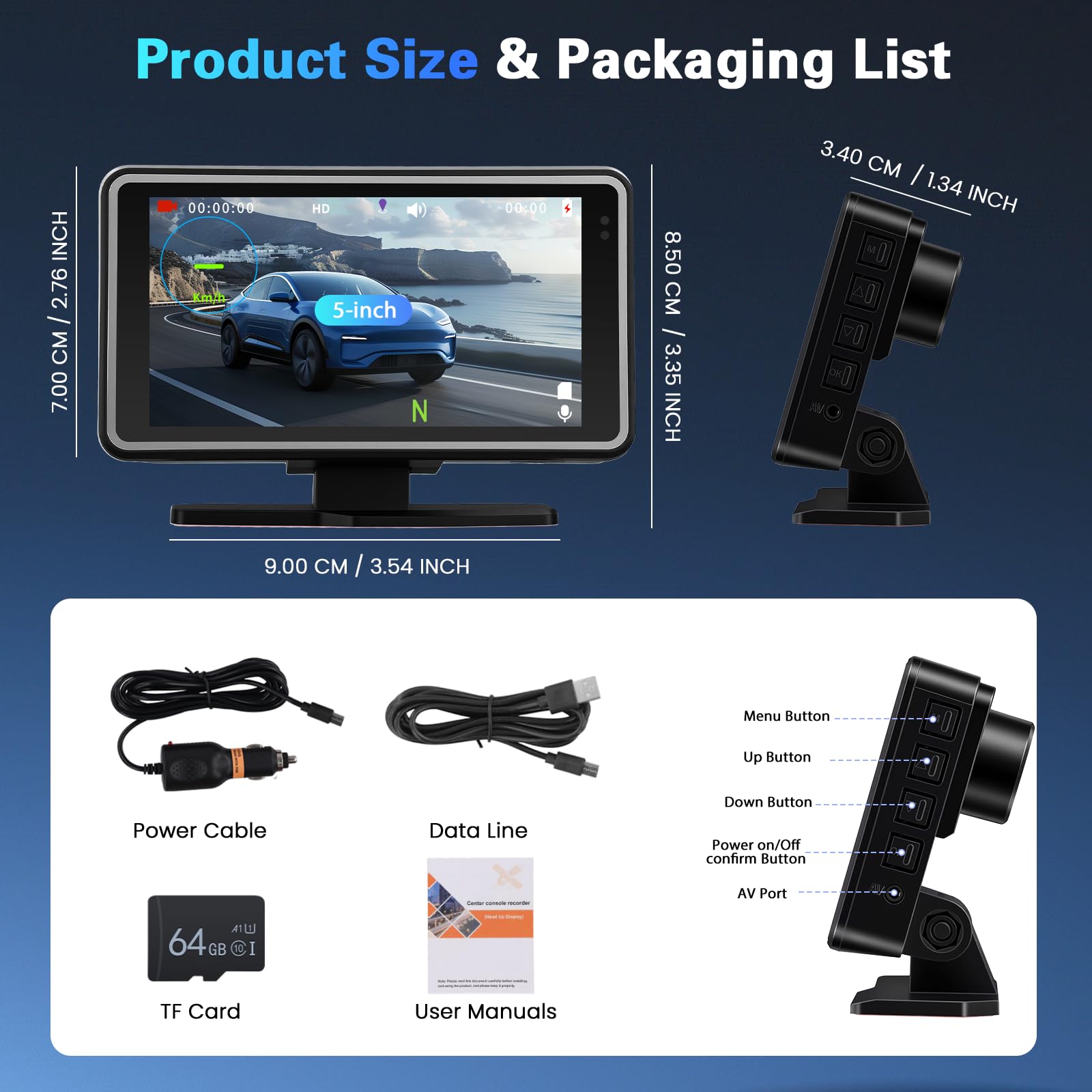 Inefala Dashcam WiFi con GPS/Registrazione a circuito chiuso/G-Sensor/64G SD Card, Dash Cam 1080P con IPS Schermo da 5 Pollici, HUD Display Head-Up Display per Velocità & Tempo