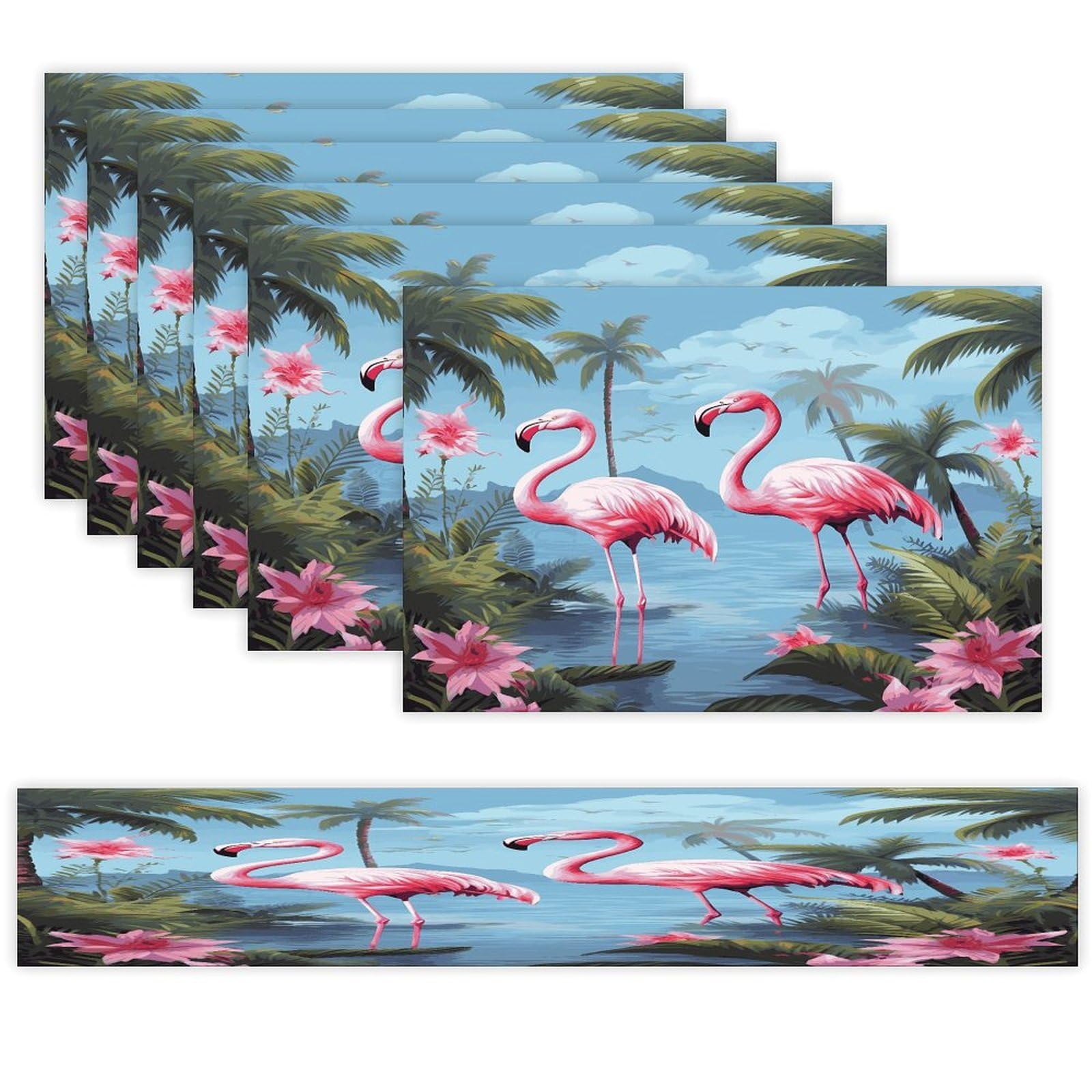 Tropical Flamingos Table Runner and Placemats Set of 6 Wipe Clean Heat Resistant Table Mat with Table Runner Decorations Flax Linen Place Mat Set for Home Kitchen Party Supplies