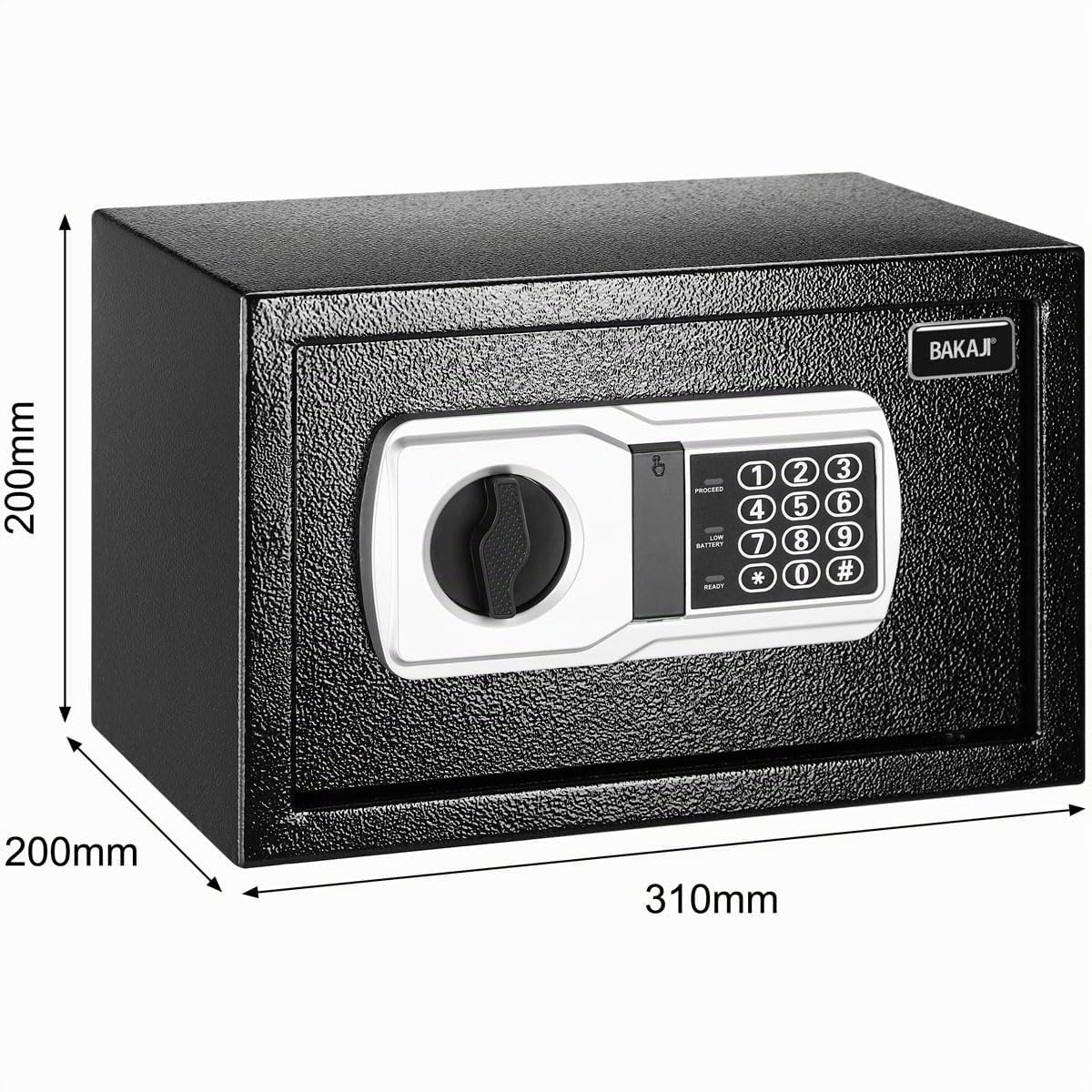 BAKAJI Caja fuerte electrónica de seguridad con caja de batería externa, caja de valores y documentos antirrobo para casa, hotel, instalación en pared o independiente, 31 x 20 x 20 cm (negro)
