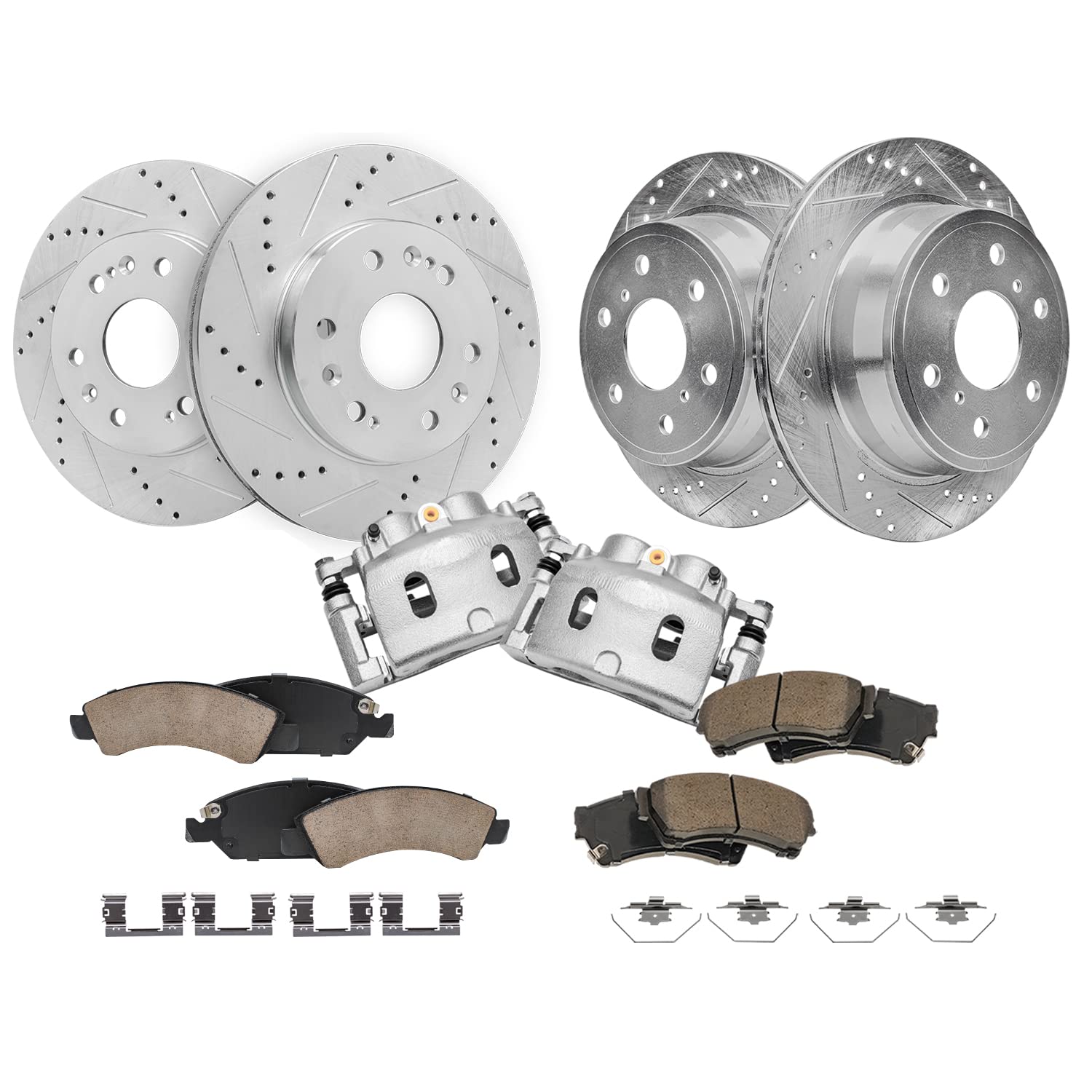 Detroit Axle - Brake Kit for Silverado Sierra 1500 Escalade Yukon Tahoe | Drilled and Slotted Disc Brake Rotors Brake Pads Front Brake Calipers Replacement 12.99" inch Front &amp; 13.58" inch Rear Rotor