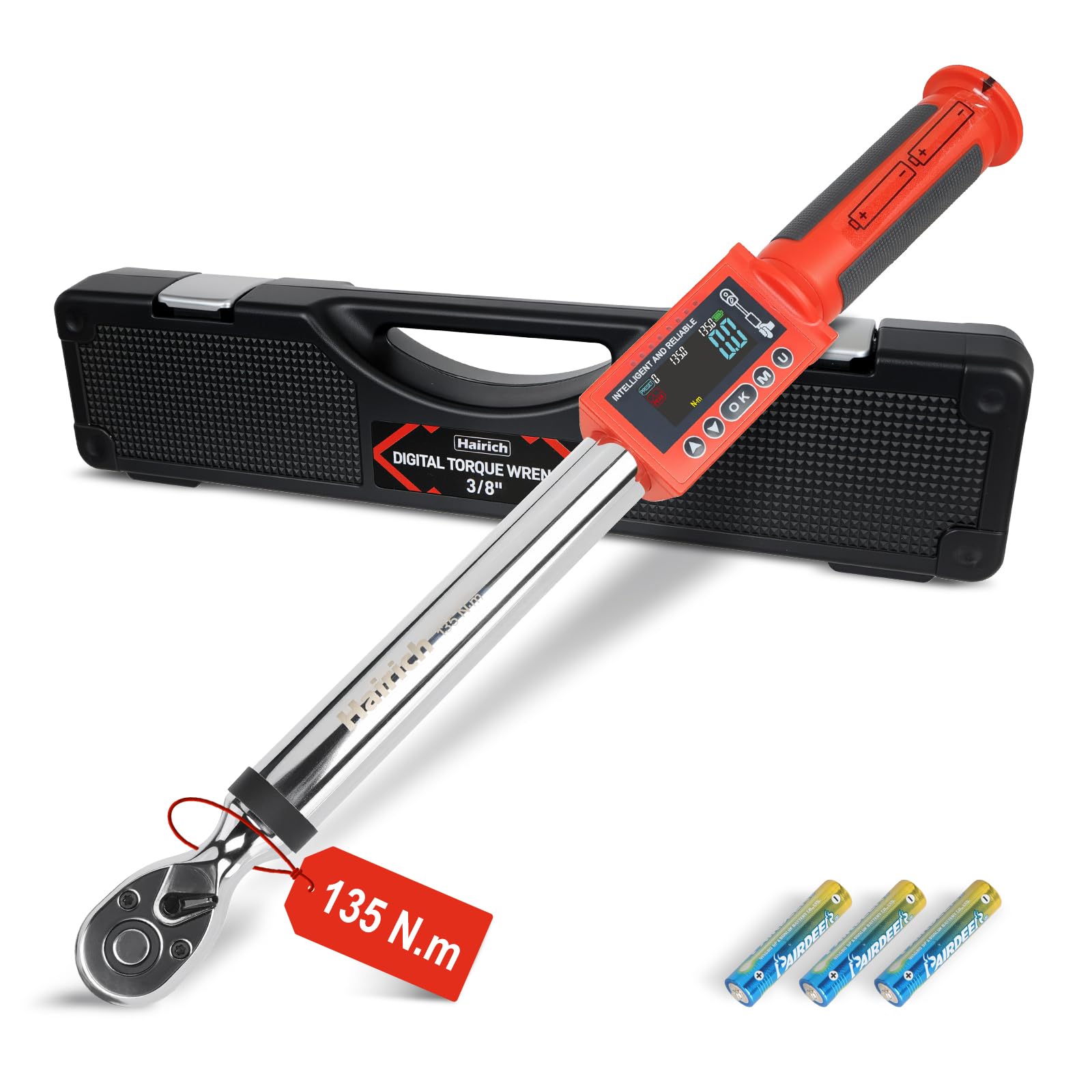 Hairich 3/8 Zoll Digitaler Drehmomentschlüssel, 6–135 Nm, ±2% Genauigkeit, mit Farbdisplay, Signalton & LED-Warnung – Präzises Drehmomentwerkzeug für Motorrad, Fahrrad, E-Bike und Werkstatt