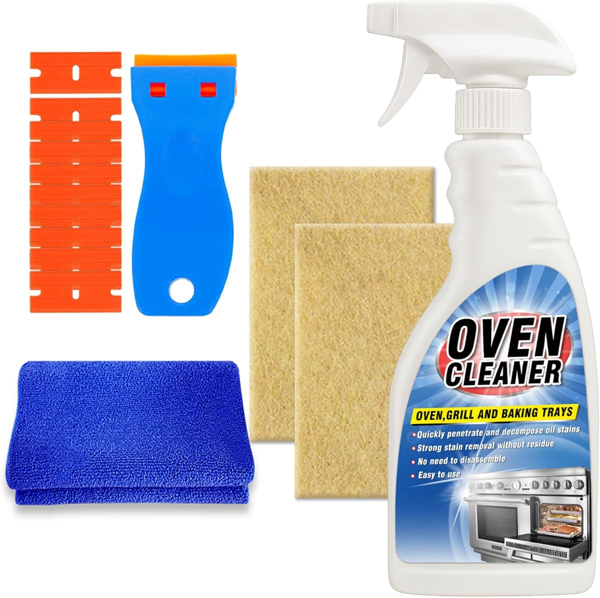 Heavy Duty Oven Cleaner Spray 500ml, Multi-Purpose Oven Cleaning Kit with Non-Scratch Scraper and Cloth, Powerful Deep Cleaning for Oven Racks, BBQ Grill, Air Fryers, Kitchen, Outdoor & Vehicles