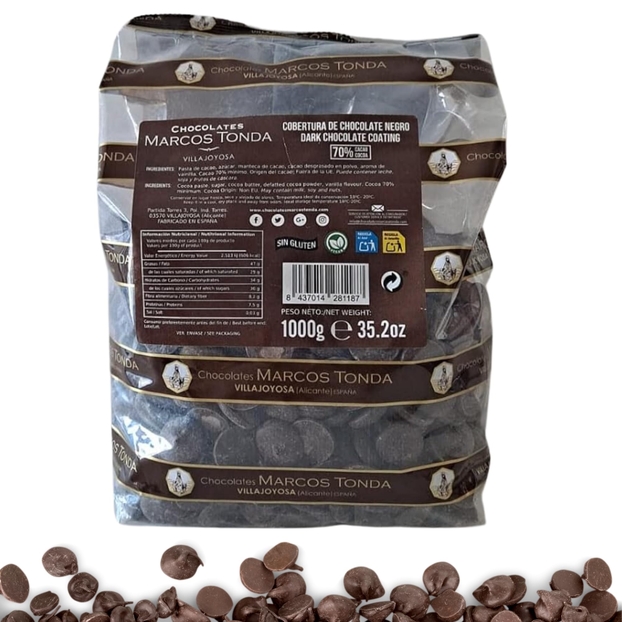 Marcos Tonda Pepitas De Chocolate Negro 70% 1000g Chocolate Chips Originales