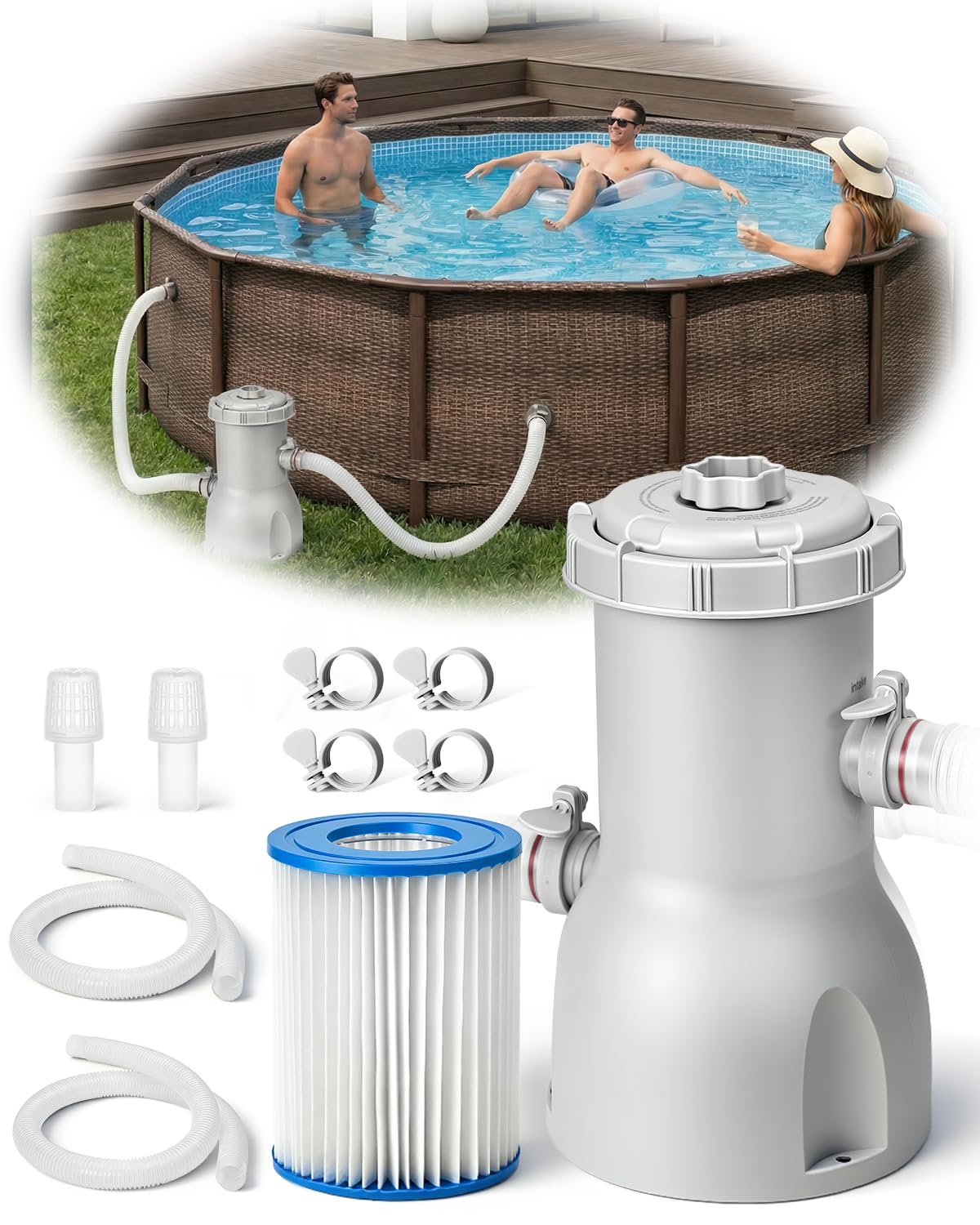Evoio Pool Filter Pump Above Ground, 530 Gallons Swimming Pool Filters Cartridge Pump, Electric Pool Water Pump for Pools Sand Cleaning Tool Set