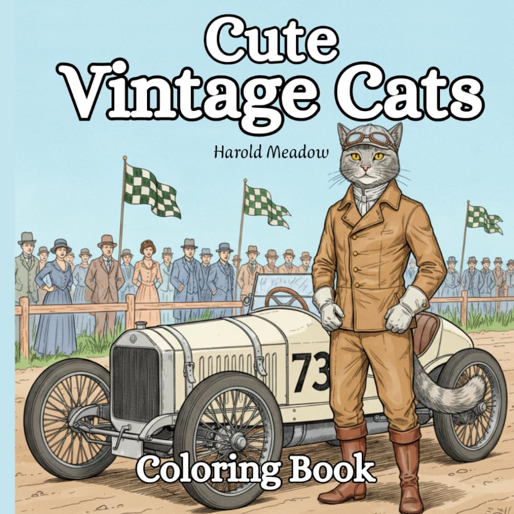 Cute Vintage Cats: Whimsical Retro Cat Adventures — Relaxing, Detailed Coloring Pages for Adults & Teens