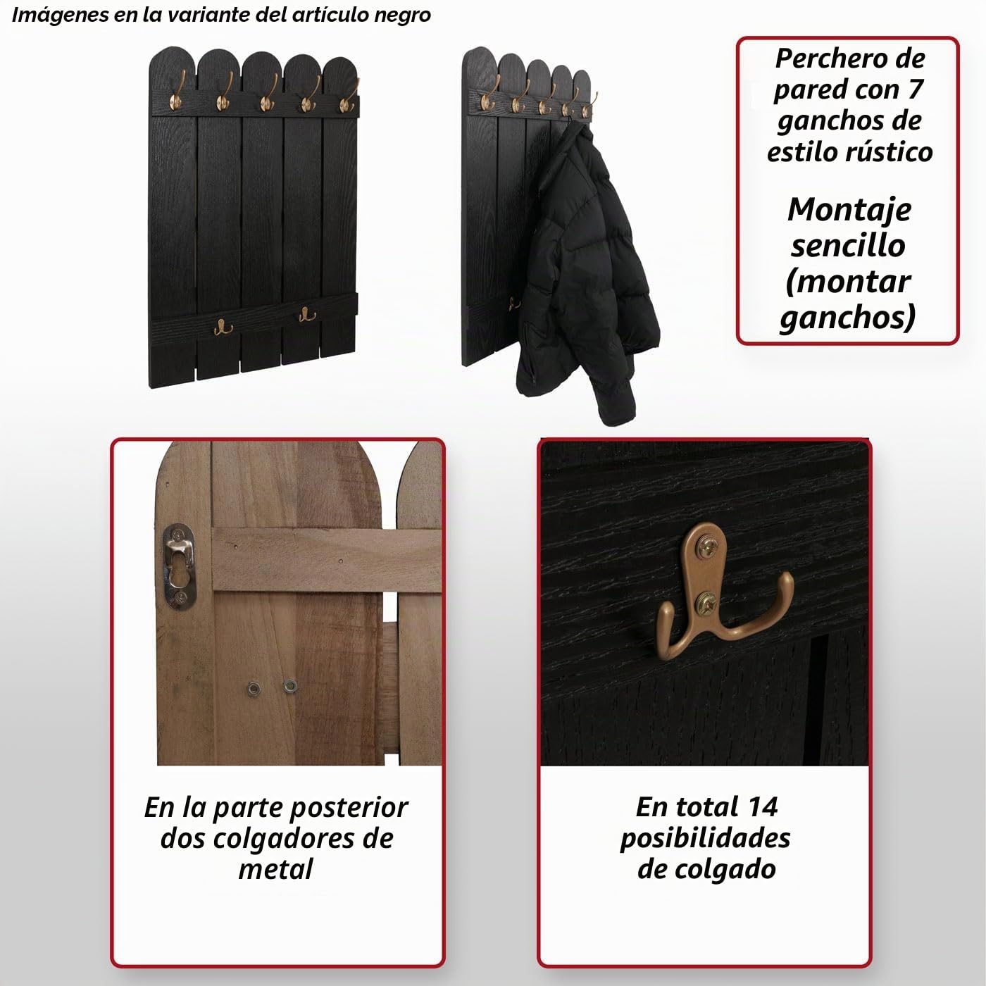 Mendler HWC-N95 Paulownia - Perchero de pared (7 ganchos, 86 x 60 cm), color marrón