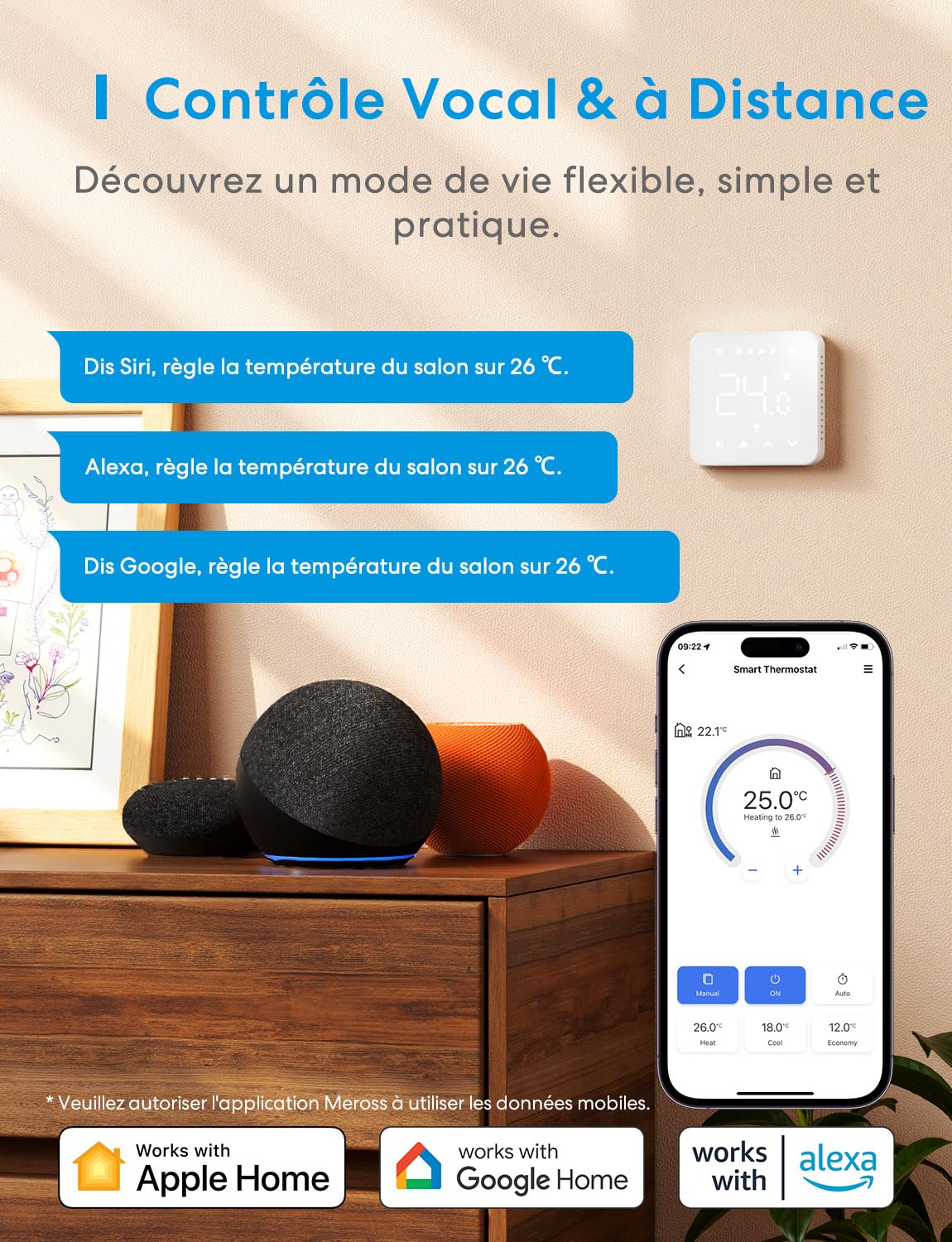 Meross Thermostat Connecté WiFi Encastrable Chaudière/Chauffage au Sol | Intelligent Compatible avec Apple HomeKit, Alexa et Google Home, Commande Vocale / à Distance