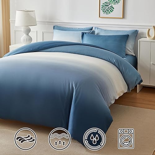 Miniatura 5 de Juego de funda de edredón de tamaño individual, color azul degradado con cierre de cremallera, 1 funda de edredón de 68 x 90 pulgadas, 2 fundas de