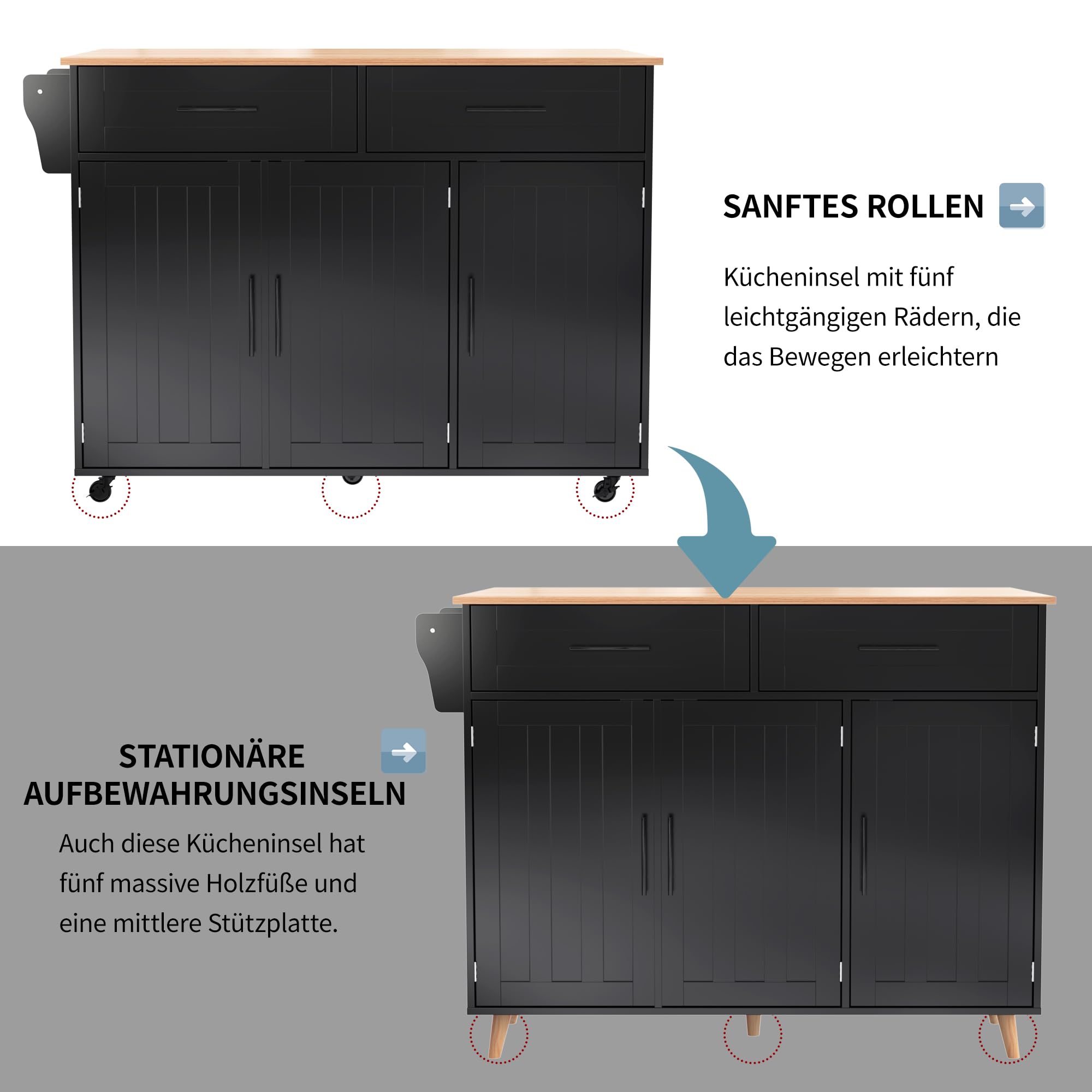 DRIXNO Kücheninsel Freistehend mit Klappbarer Arbeitsplatte Küchenschrank Küchenwagen auf 5 Rollen, mit Ablage und 2 Schubladen, Schwarz Für Esszimmer 129 * 71 * 91.5cm