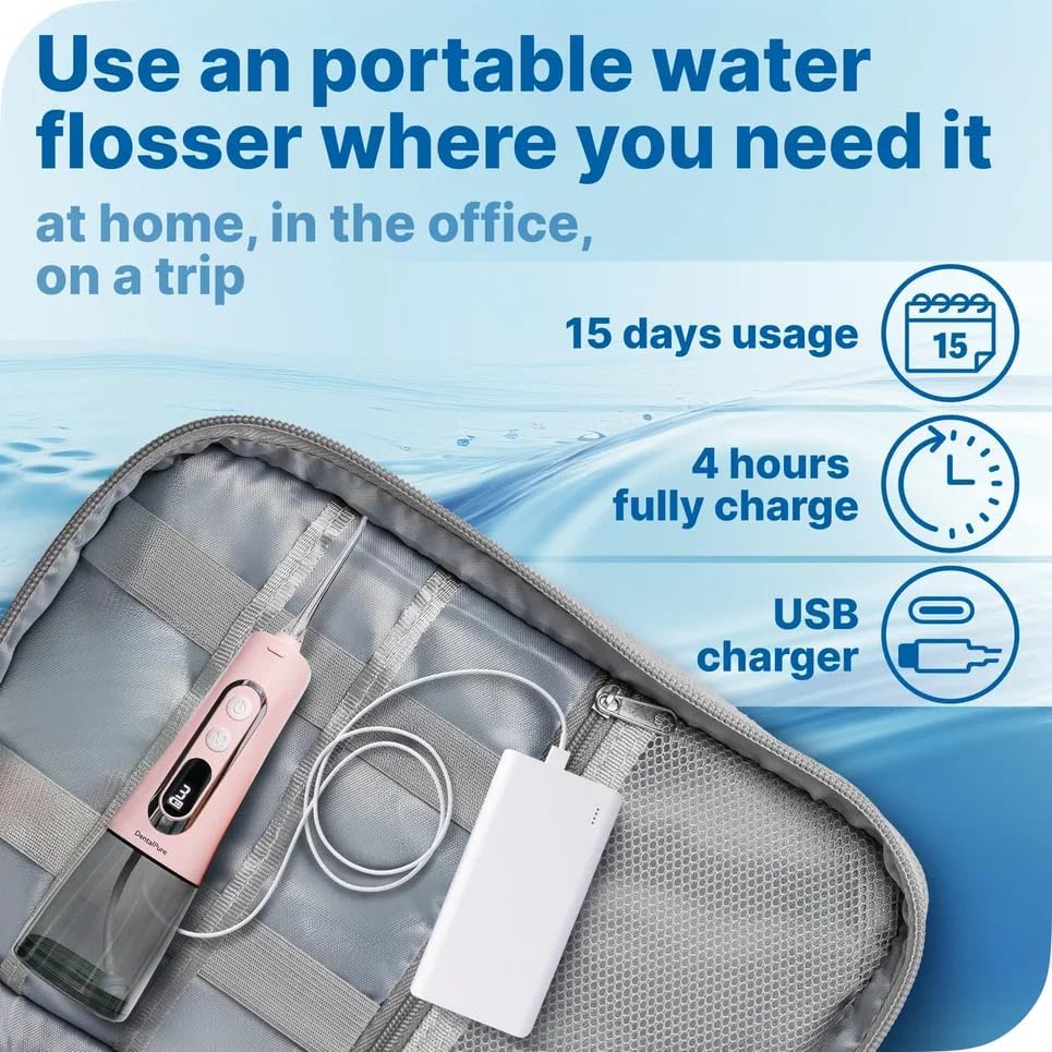 Coredless Water Dental Flosser Teeth Pick with 9 Modes, Portable Rechargeable Oral Irrigator for Teeth Cleaning and flossing, Travel Electric flosser for Adults with 4 Jet Tips IPX7 Waterproof, Pink
