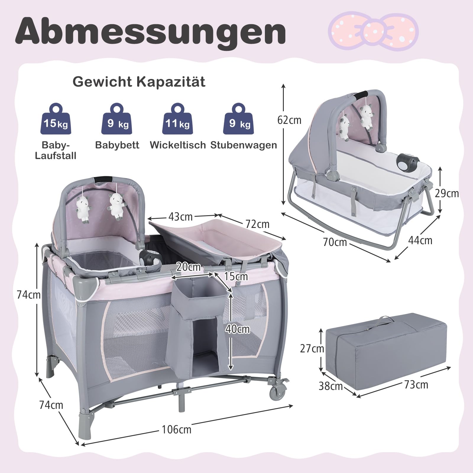 DREAMADE 5-in-1 Reisebett Baby, Beistellbett mit Matratze, Wickelauflage, Rollen & Tragetasche, Babybett mit Musikbox & Hängespielzeug, für Neugeborene und Kleinkinder (Pink)