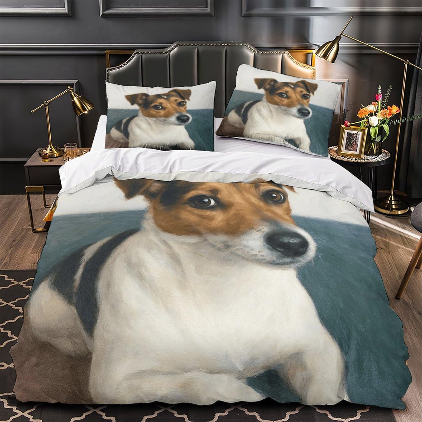 YVASPQRTW Jack Russell dog 3D Print Duvet Cover Set 3pcs Ultra-Soft Microfibre Skin-Friendly Quilt Cover 2 Pillow Shams Zippered Closure Machine Washable Kids Teens Room Double（200x200cm）
