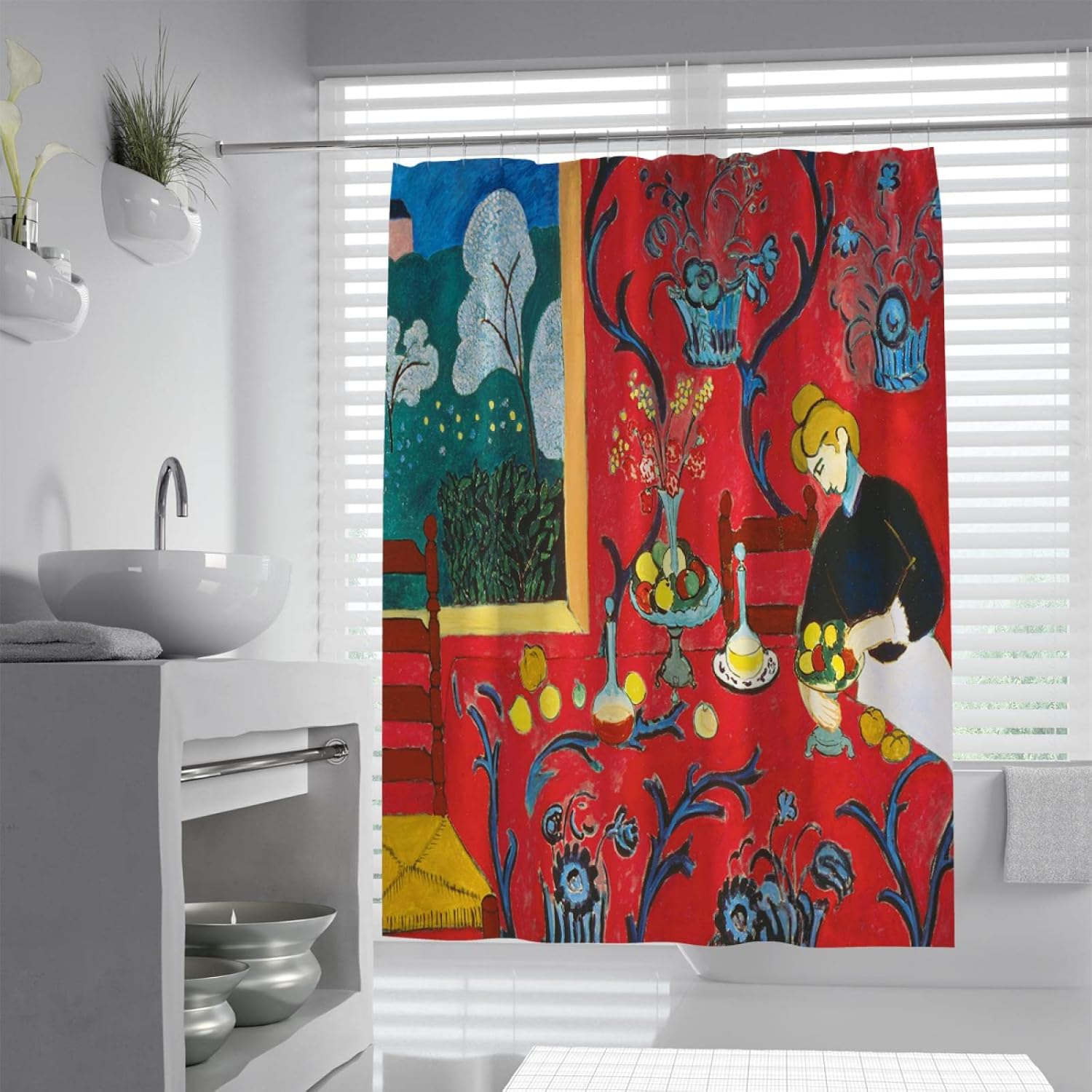 Extra Long Red Shower Curtain Henri Matisse Classical Art Fabric Washable Shower Curtain Liner Retro Boho Shower Curtains Waterproof W72 x L78(in)