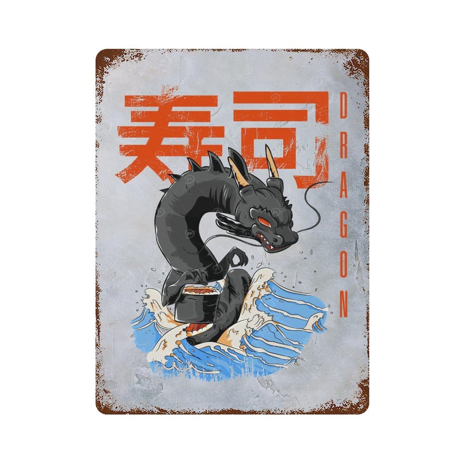 Garage Style Sushi Dragon Rust Effect Tin Sign 15.7"x11.8", Farmhouse Wall Decor for Bar And Workshop