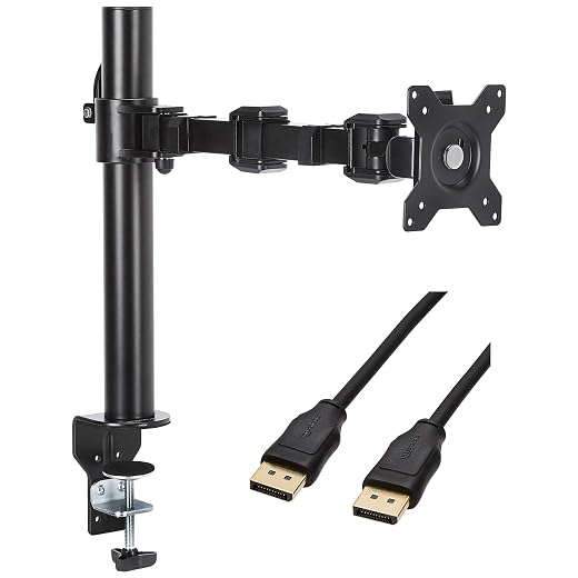 Amazon Basics Single Computer Monitor Stand – Height Adjustable Desk Arm Mount, Steel & DisplayPort to DisplayPort HD Display Cable - 6 Feet