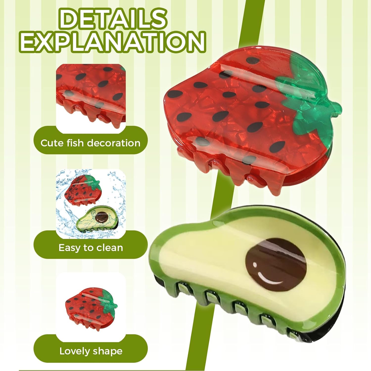 2 Pack Strawberry & Avocado Fruit Print Hair Claws for Women, Cute Acrylic Hair Clips Non-Slip Strong Hold, Fashion Hair Accessories for Thin or Thick Hair Daily Use