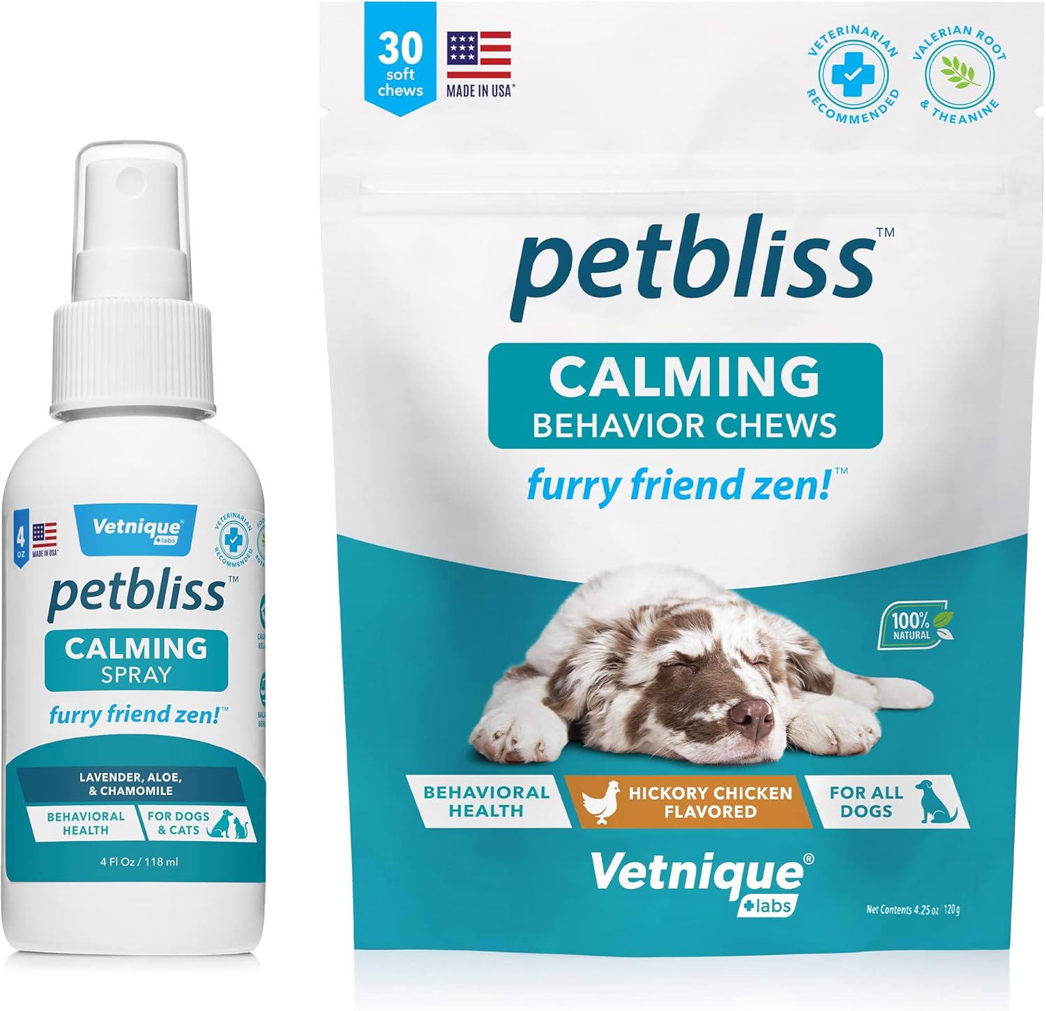 VETNIQUE Petbliss Calming Chews (30ct) & Calming Spray (4oz) for Dogs Bundle : Pet Supplies