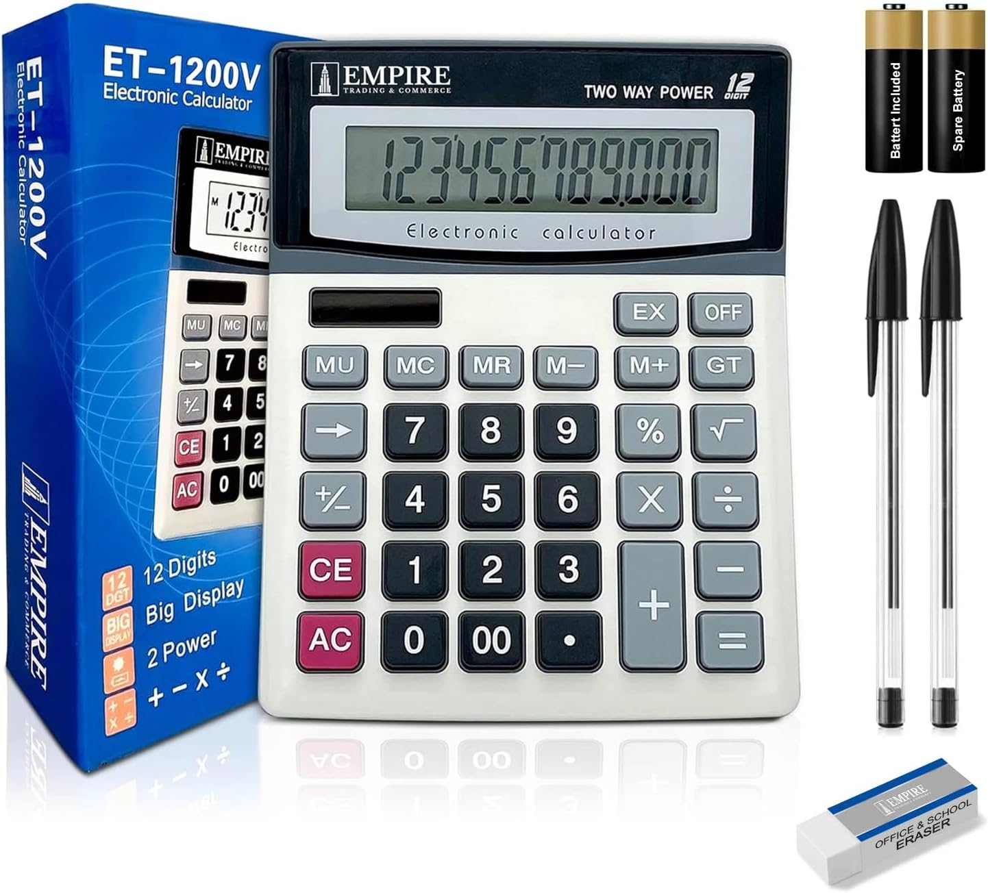 Empire Desk Calculator with Large Key Buttons, 12 Digits, Large Eye-Angled Display, Solar and Battery Powered for Home and Office (Included 2 Battery, 2 Pen and 1 Rubber)