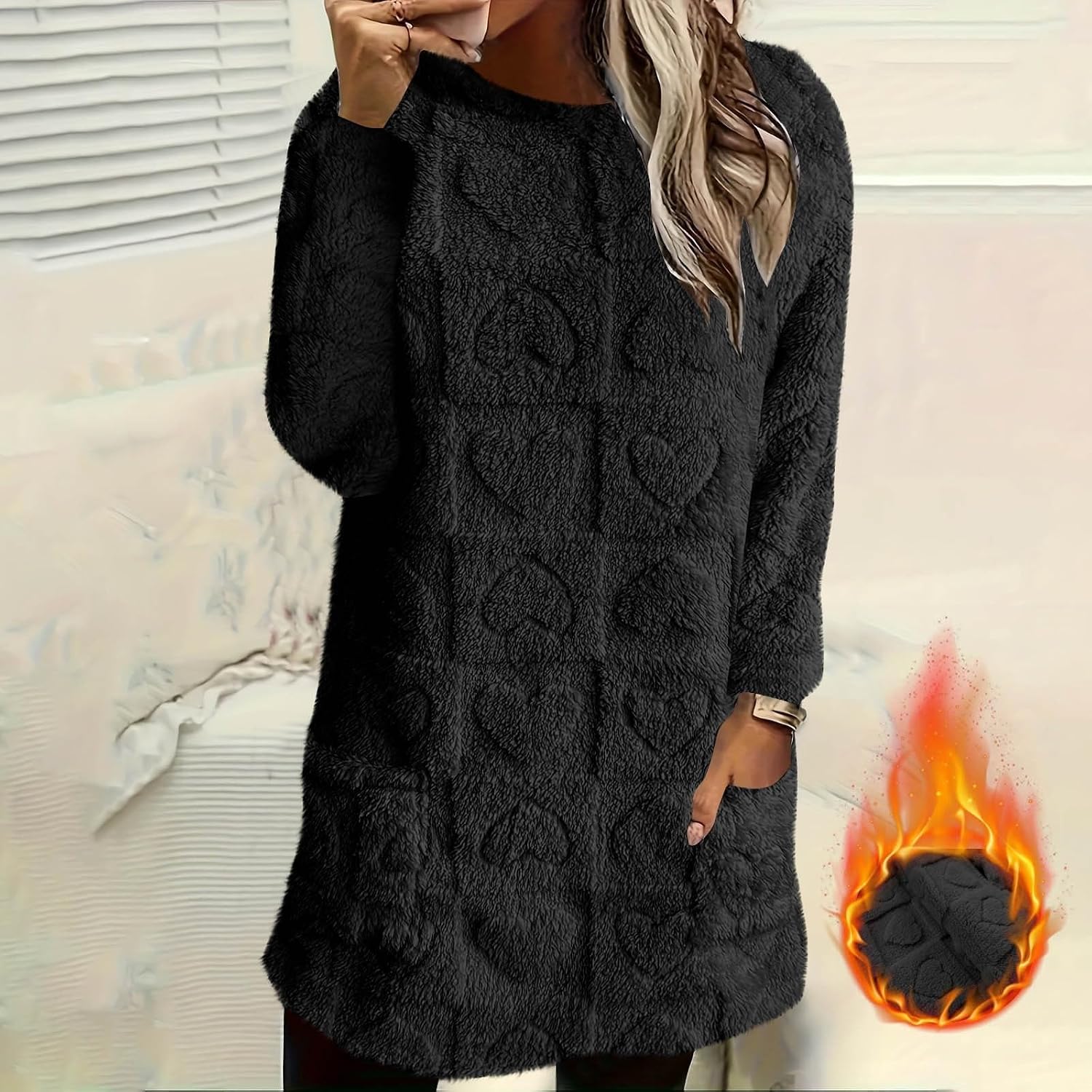 Women's Tunic Tops Long Sleeve Crewneck Textured Sherpa Lined Fleece Winter Warm Thermal Pullover with Pockets