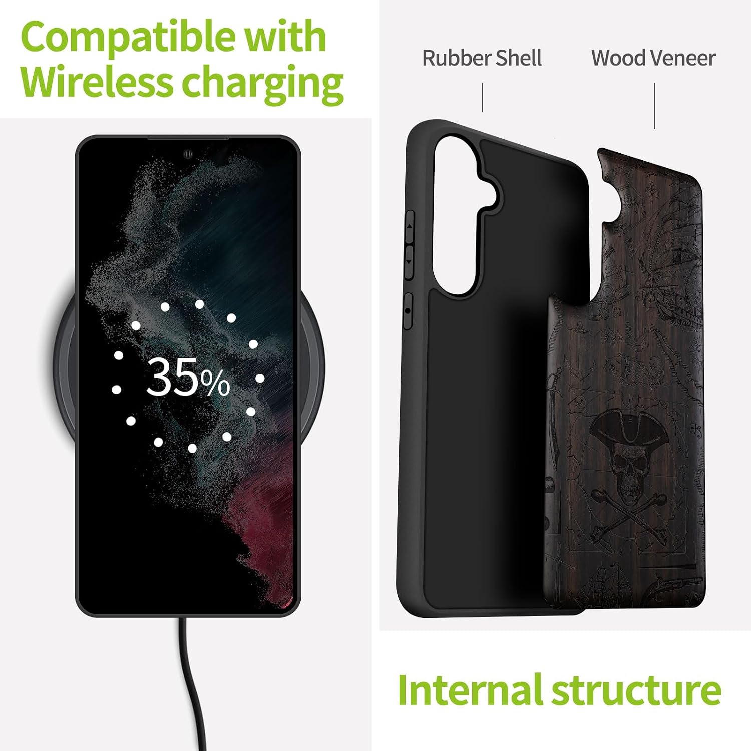 Carveit Wood Case for Galaxy S24 Case [Natural Wood & Black Soft TPU] Shockproof Protective Cover Unique Wooden Design Compatible with Samsung S24 (Pirate Flag-Blackwood)