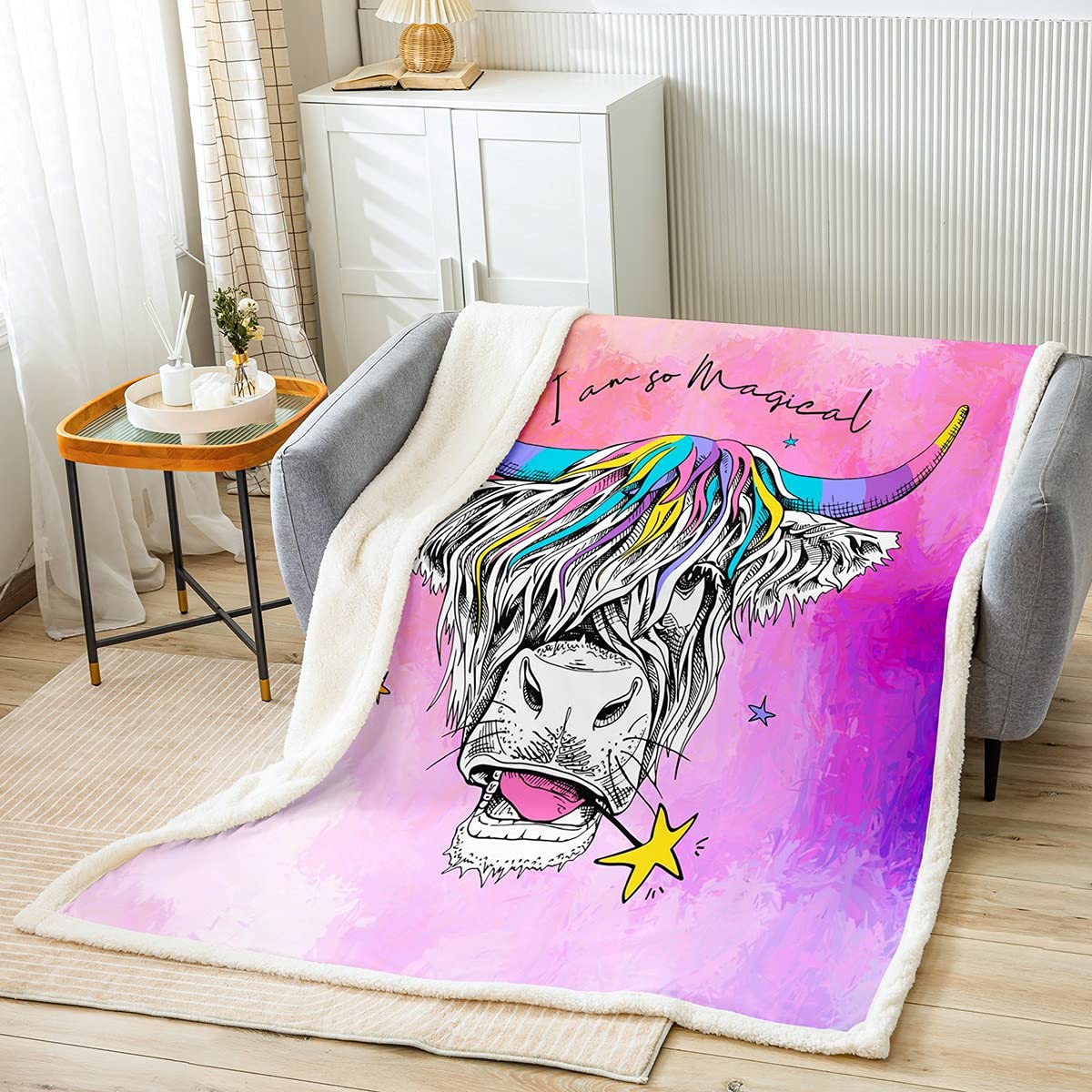 Loussiesd Highland Cow Fleece Blanket Girls Pink Highland Cattle Throw Blanket for Bed Sofa Kids Baby Girl Ultra Soft Magical Farm Animal Sherpa Blanket Purple Warm Fuzzy Blanket Baby 30x40 Inch