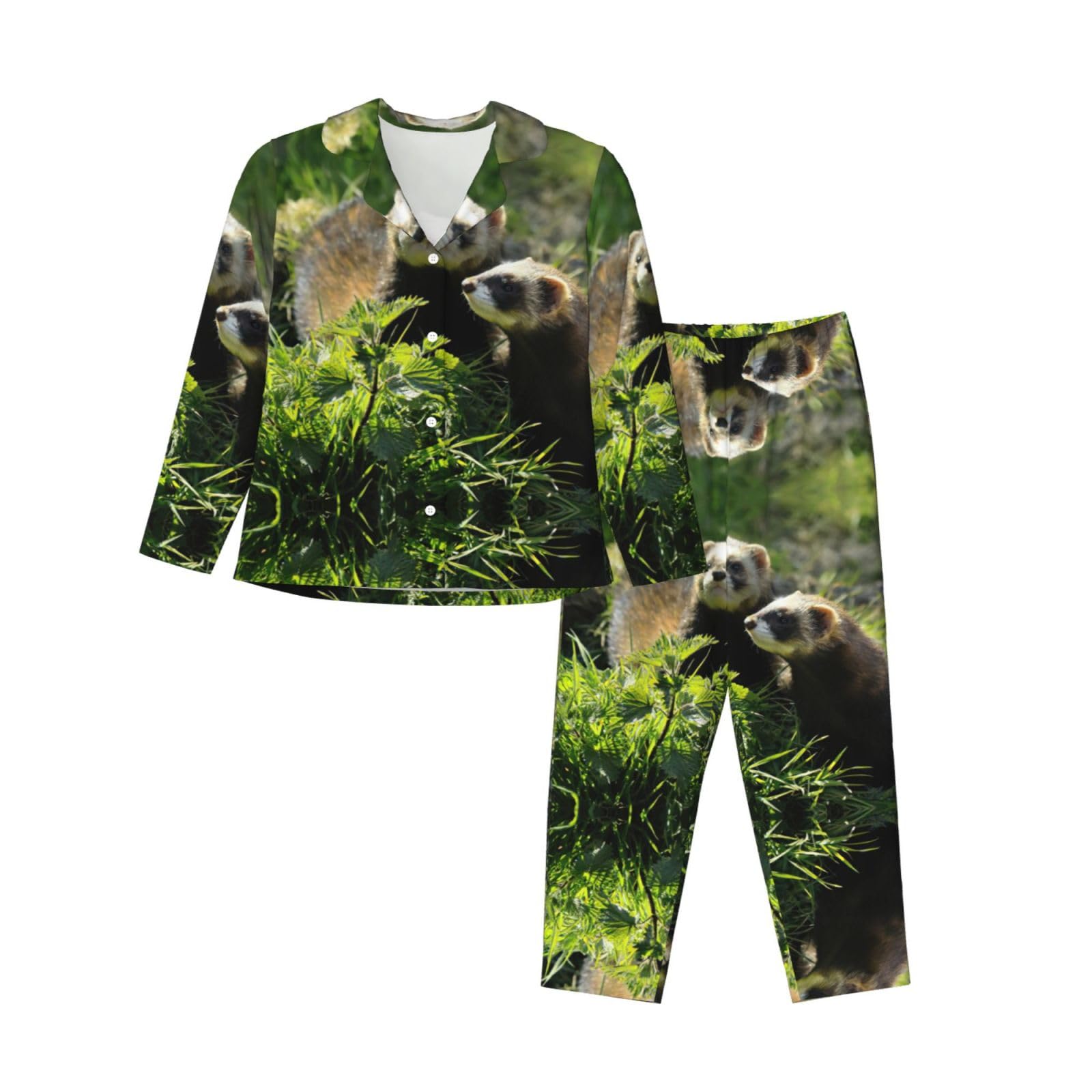 Jejea Women's Black Wildlife Ferret Print Comfy 2 Piece Sleepwear Lounge Set Pajamas Set Long Sleeve Sleepwear Night Wear