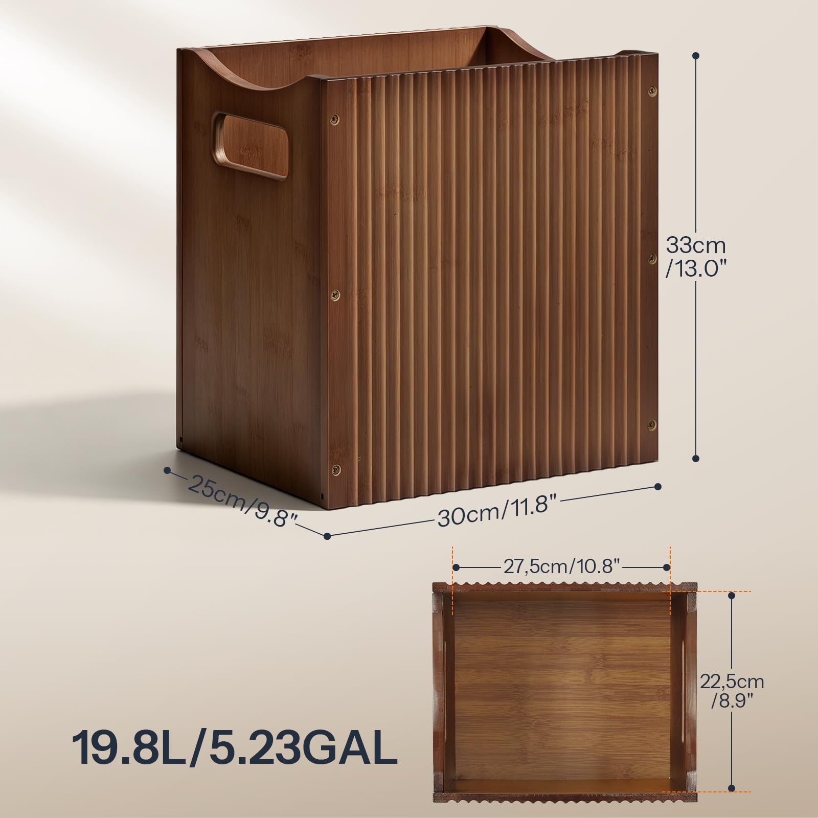 HOOBRO Poubelle en Bambou avec Poignées, Corbeille à Papier Compacte avec Design à Motif Ondulé, 30 x 25 x 33 cm, pour Chambre, Cuisine, Salon, Bureau, Salle de Bain, Moka EMA30LJ01