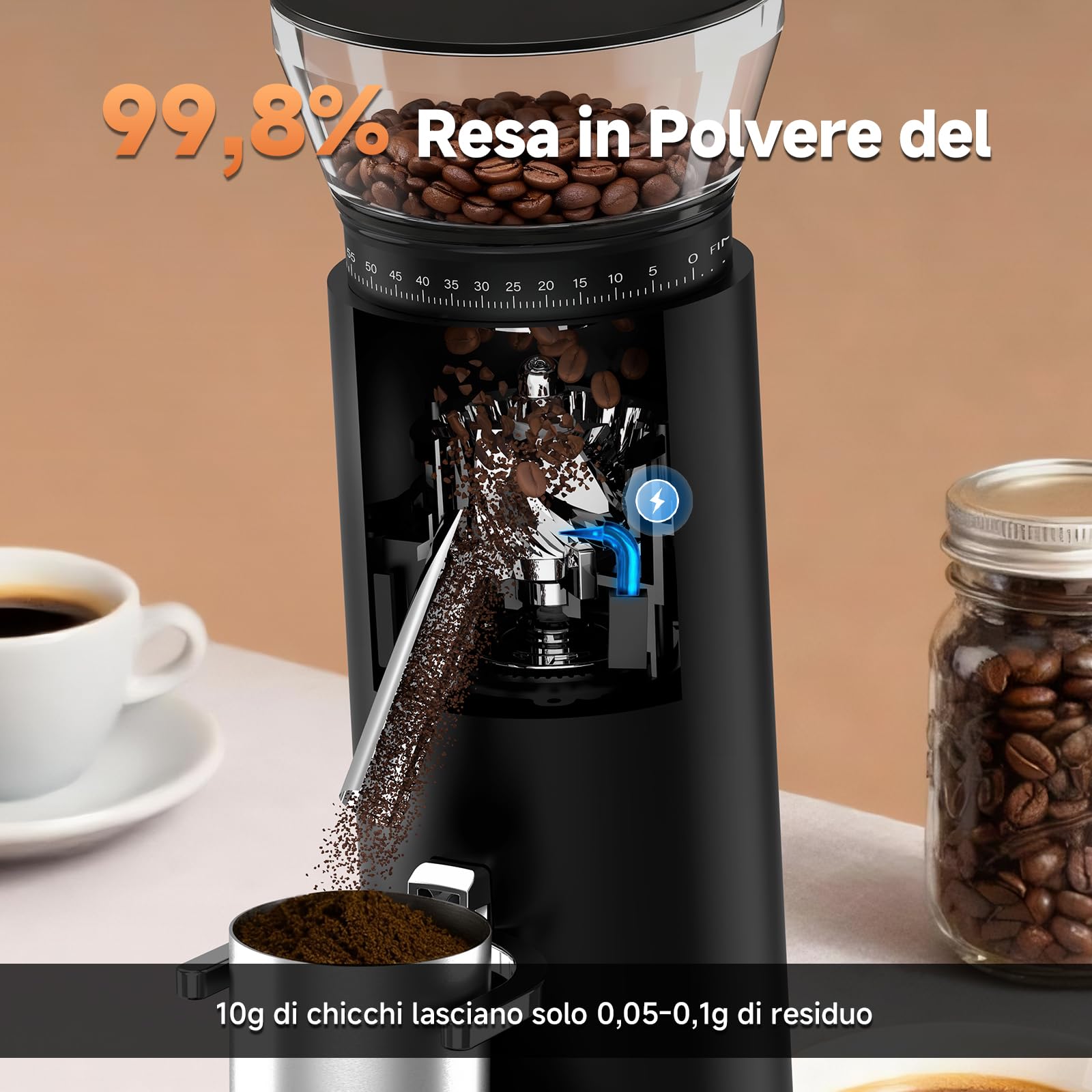 AAOBOSI Macina Caffe' Elettrico, Macina Caffè Professionale 110W, Batteria 2600mAh, Macinacaffè Portatile con 60 Livelli di Macinatura, Include Portafiltro per Macchine da Caffè Espresso