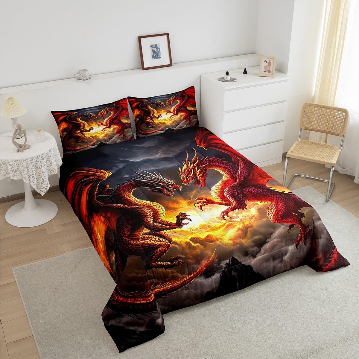 Castle Fairy Western Dragon Bedding Set Full Size Fierce Wildlife Animal Comforter for Kids Teens Boys Girls Flying 3D Dragon Down Comforter Ombre Clouds Shadow Duvet Insert with 2 Pillowcases