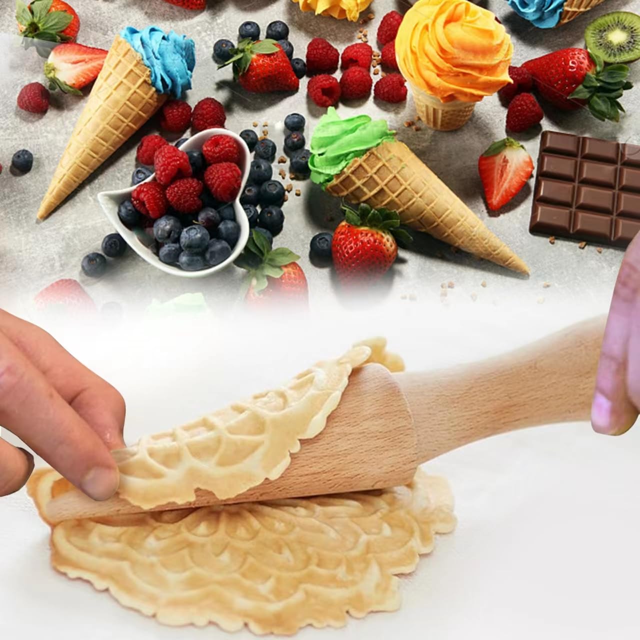 2 moldes de cono de helado, moldes de madera reutilizables para cuernos de crema, conos de gofre, rodillo de pizzela, rollo de huevo, molde para cocina, cocina y horneado 3
