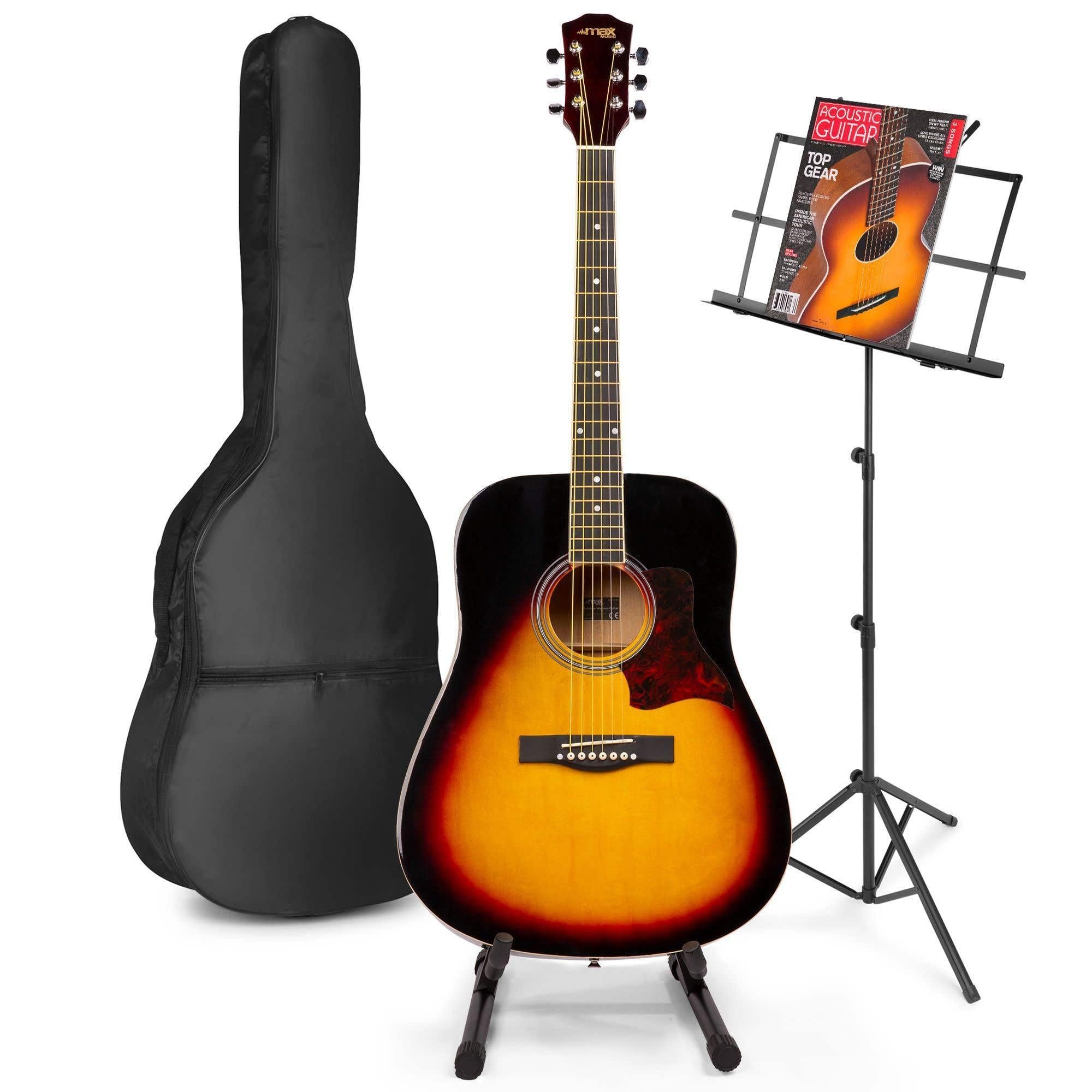 MAX SoloJam Westerngitarre, Akustik Gitarre Set, Acoustic Guitar, Akustikgitarre 4/4 mit Tasche, Gitarrenständer, Notenständer, Plektrum, Stimmgerät, Schultergurt, Saiten, Anfängergitarre - Sunburst