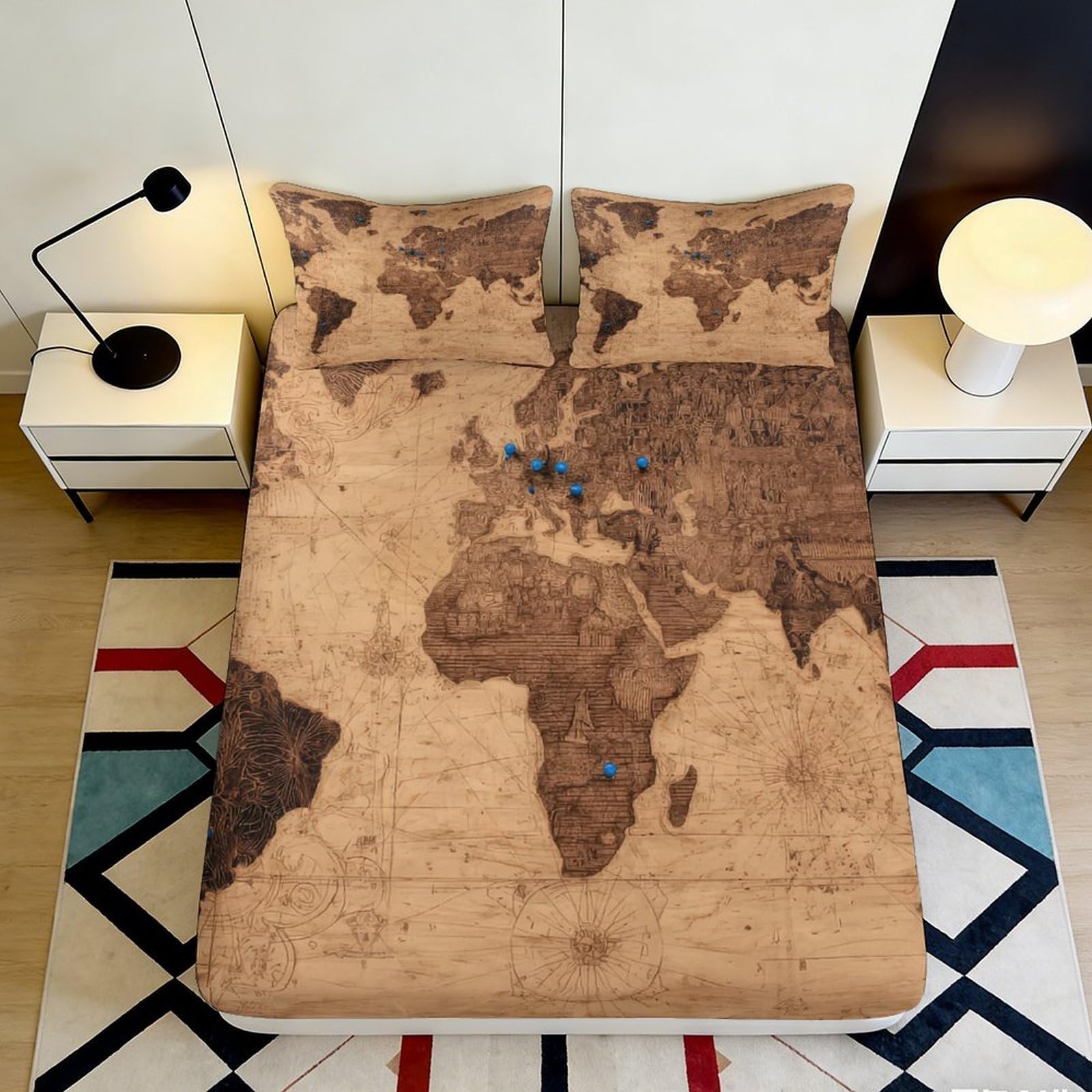 3D Printed Vintage World Map Fitted Sheet Microfiber Soft Non-Slip Brown Earth Continent Mattress Cover Bedroom Decor 90x200x25cm