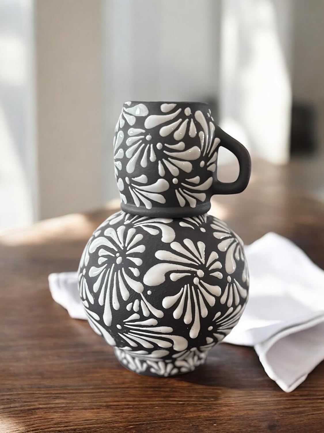 Talavera Bedside Water Carafe with Cup | 8.5” Hand-Painted Mexican Pottery | Decorative Nightstand Water Jug Set