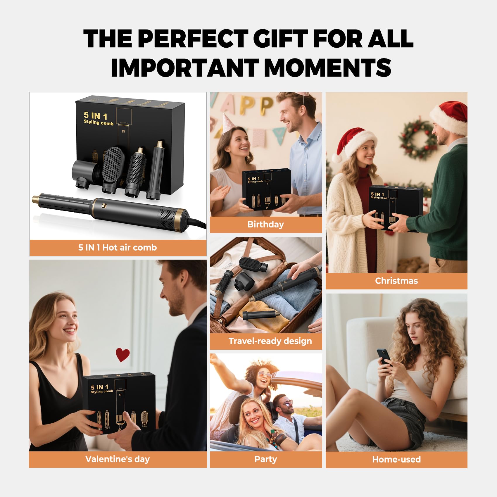 Airstyler 5 in 1 Hairstyler mit Air Lockenstab Föhn Heißluftbürste Haarstyling Geräte Föhnbürste Warmluftbürste Rundbürstenföhn Lockenföhn Stylingbürsten Multi Air Hair Dryer Styler Set, Schwarz/Gold
