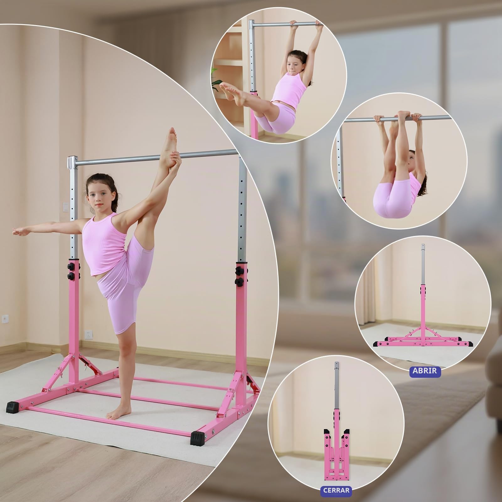 Barra de Gimnasia, Barra de Gimnasia Plegable para niños, Barras de Entrenamiento de Gimnasia en casa, Altura Ajustable, construcción de Acero Estable, Antideslizante, fácil de Montar