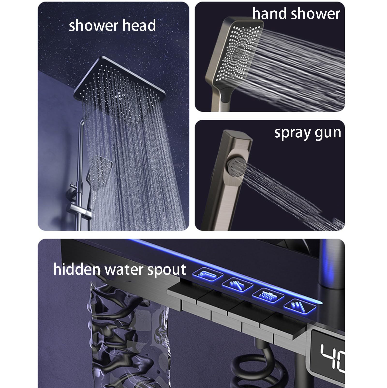 Set Rubinetto Doccia Systemtatic con Display della Temperatura, 4 funzioni, soffione a Pioggia da 12", doccetta, spruzzatore per Bidet, beccuccio per Vasca, Grigio Canna di Fucile