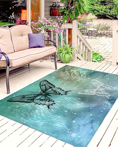 Turquoise Vintage Butterfly Outdoor Rug for PatioDeckPorch, Non-Slip Large Area Rug 5 x 8 Ft, Watercolor Retro Art Indoor Outdoor Rugs Washable Area