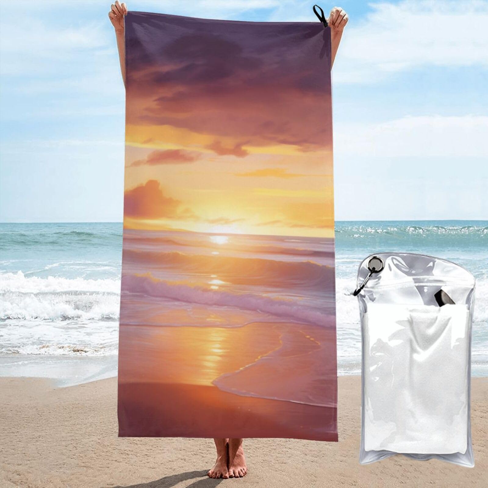 BWWHCCTI Sunset Beach print Printed Microfiber Quick Dry Beach Towel 80x160 CM, Fast Drying Bath Towels with Bags for Travel,Camping,Gym,Beach,Swimming,Yoga