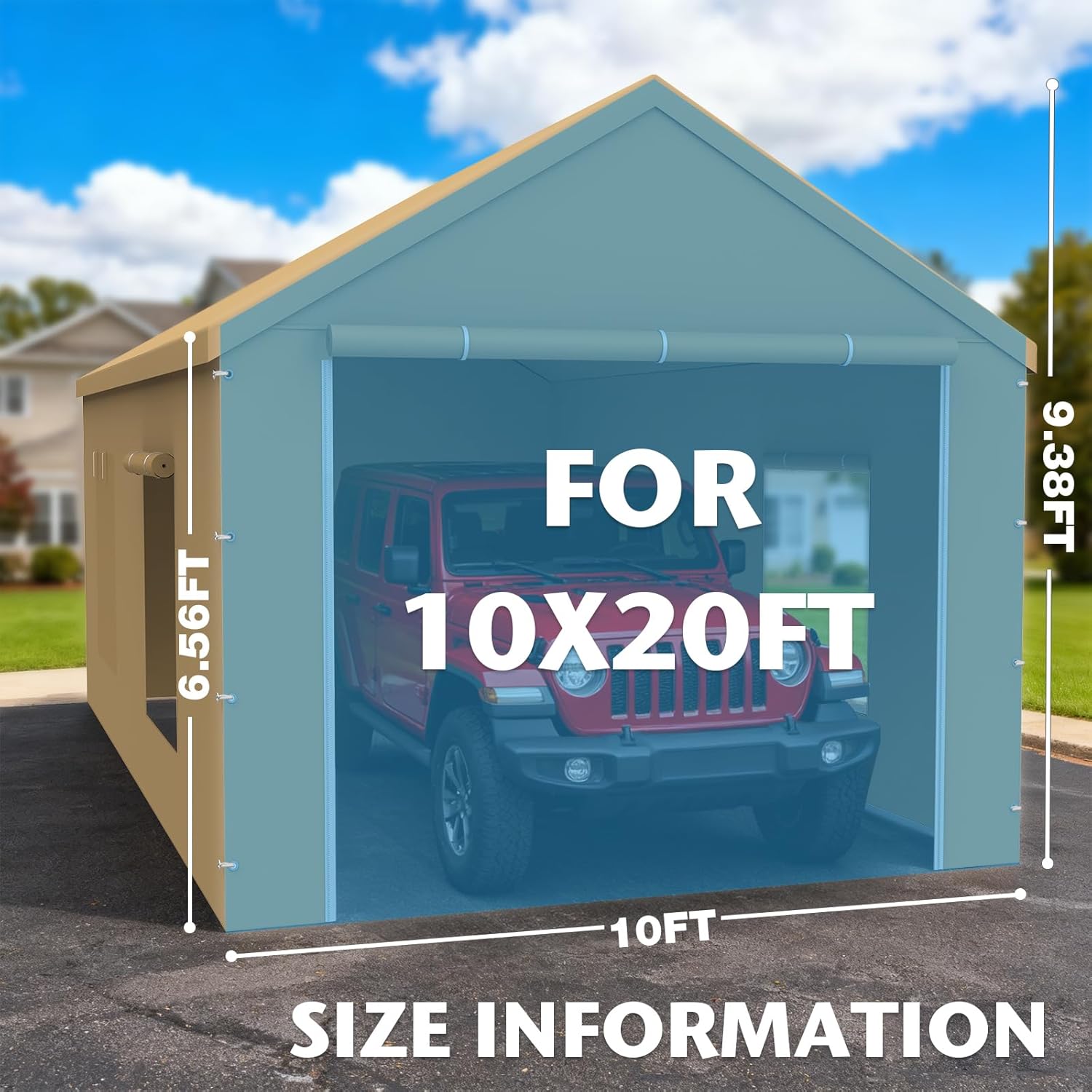 10x20FT Carport Canopy Front/Back Panel Entrance Door Tarp with Zippers, Waterproof & UV Protected Replacement Sidewall Cover with Ball Bungees (Beige)