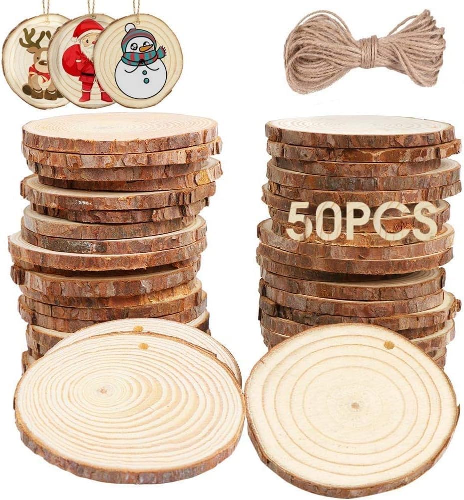 50pcs Natural Wood Slices 5-6cm, DIY Wooden Christmas Ornaments Unfinished Wood Circles for Crafts Centerpieces, Predrilled Wood Rounds for DIY Crafts Kit Christmas Ornaments