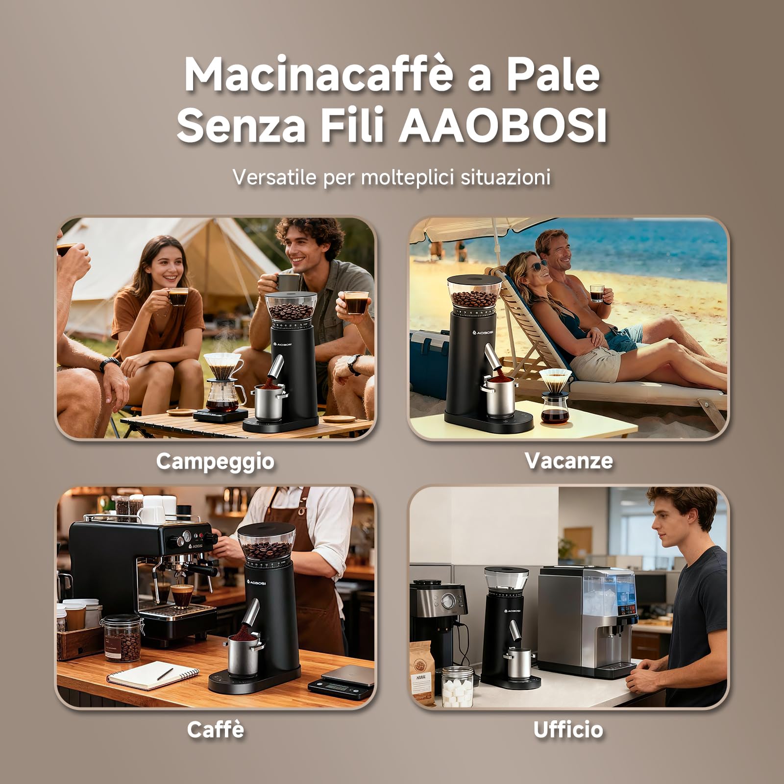 AAOBOSI Macina Caffe' Elettrico, Macina Caffè Professionale 110W, Batteria 2600mAh, Macinacaffè Portatile con 60 Livelli di Macinatura, Include Portafiltro per Macchine da Caffè Espresso