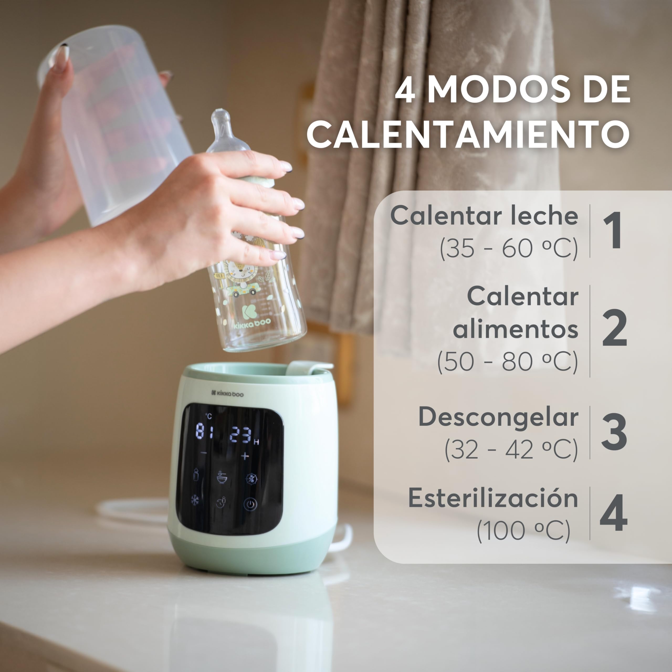 KikkaBoo Calienta Biberones Portátil 4 en 1 CALDO, Calentador de Leche Rápido y Esterilizador de Biberones, Descongelador de Alimentos para Bebés, Menta