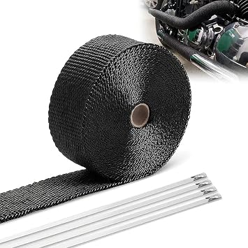 BARTOO 2" x 16 Black Exhaust Heat Wrap Roll for Motorcycle, Basalt Fiber Header Wrap Tape with Stainless Steel Ties