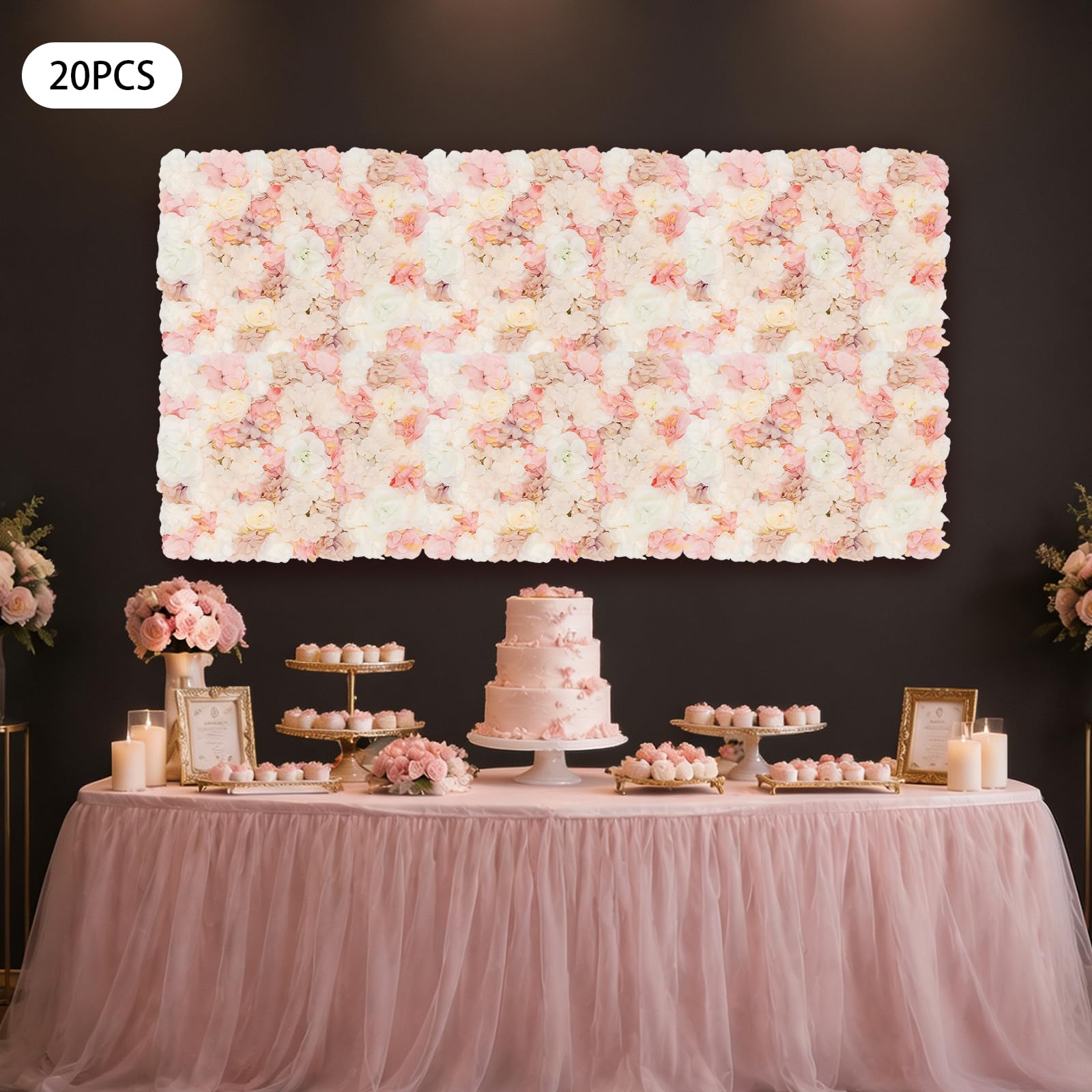 Pannello da parete con fiori artificiali, realizzato a mano, 20 pezzi, 40 cm x 60 cm, colore rosa seta, pannello con rose e piante acquatiche, per matrimoni, baby shower (autunno)