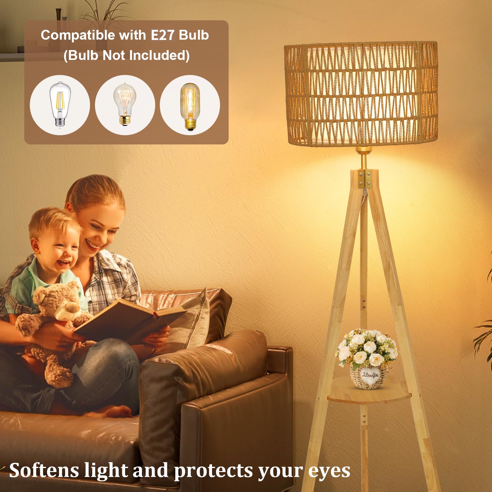 Rayofly Stehlampe Wohnzimmer, Holz Stehlampe mit Regal, Vintage Stehlampen mit Rattan & Leinen Lampenschirm, Retro Stehleuchte mit Stativ, Rattan Floor Lamp, Boho Stehleuchte für Schlafzimmer, Büro