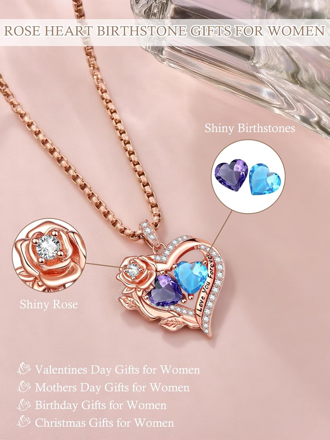 Rose Heart Valentines Necklaces for Women,Rose Gold Forever Love Jewelry with 2 Birthstones Pendant,Valentines Anniversarry Birthday Gifts for Her Wife Mom Grandma, 18+2 Inch Chain - Image 5