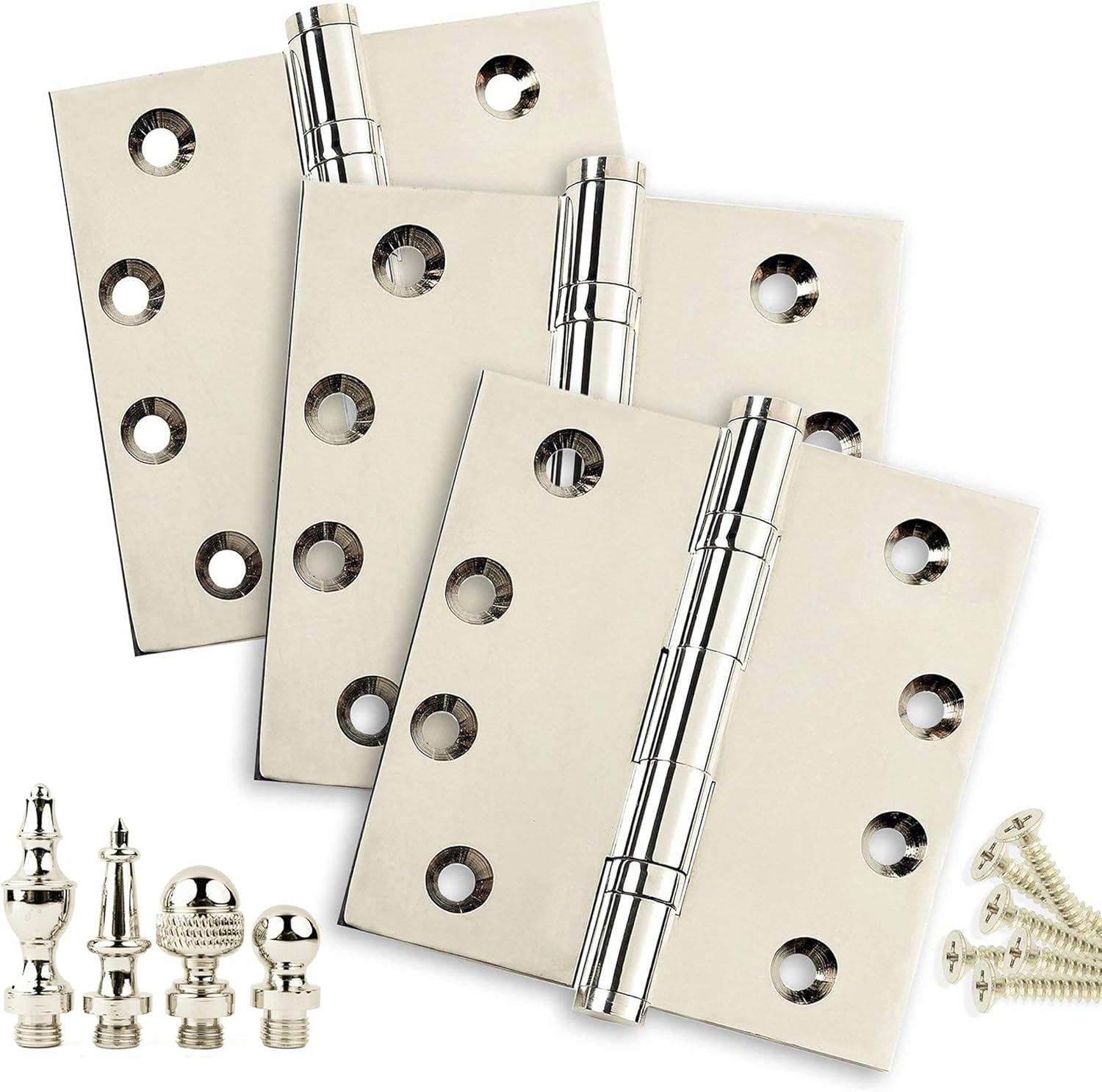 3 Pack - 4 x 4 Solid Brass Ball Bearing Hinges - Polished Nickel (US14) with Flat Tips