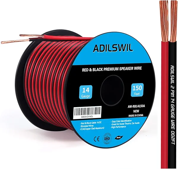 14AWG 150FT Speaker Wire, 2 Conductors Electrical Red Black Cable Hookup LED Lighting Strips Flexible Wire Extension Cord 14 Gauge Copper Clad Aluminum Copper Wire 12V/24V DC Cable