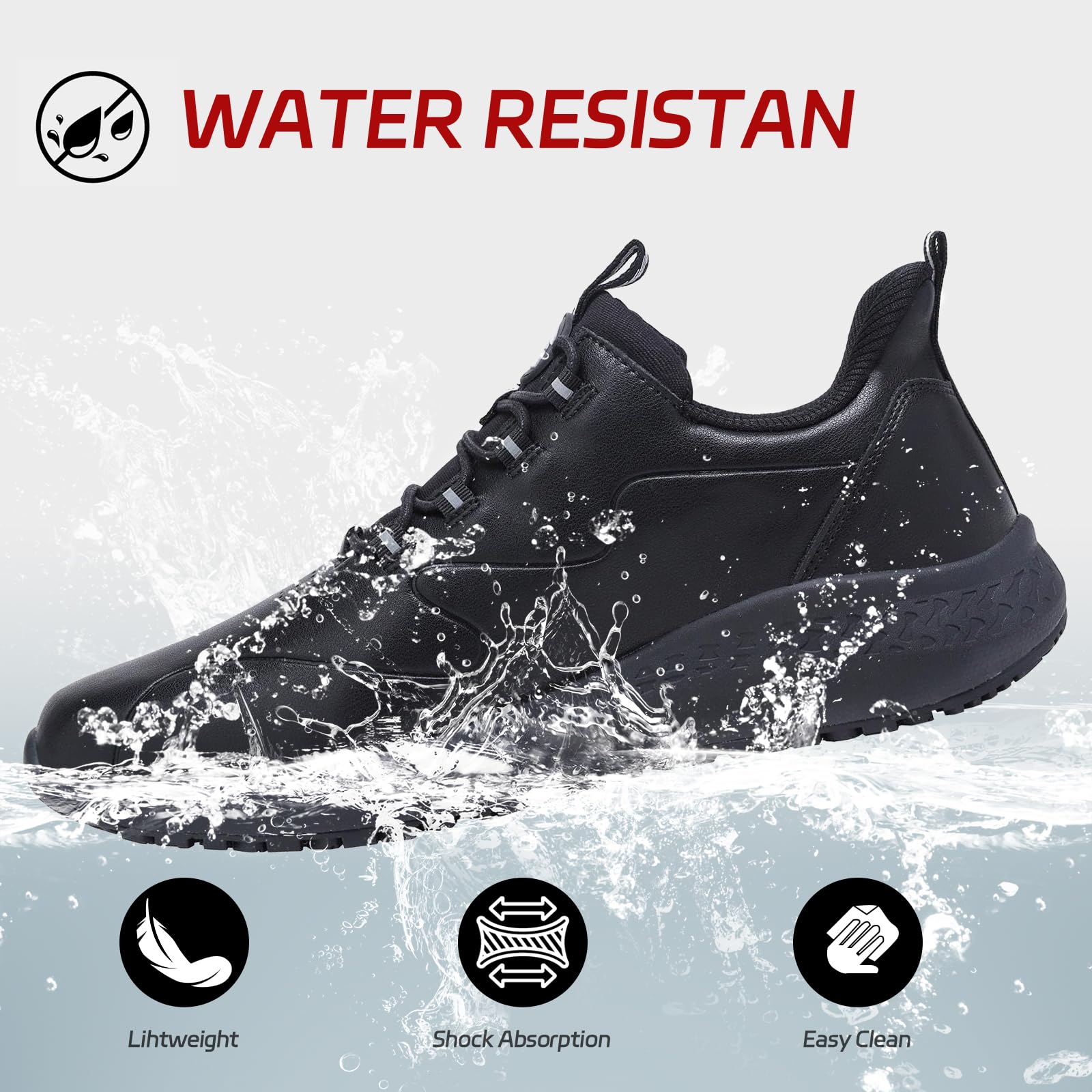 Delobi Non Slip Work Shoes for Women Slip on Waterproof Kitchen Chef Restaurant Walking Sneakers Food Service Working Footwear Leather Nursing Shoe Black Size 7Wide